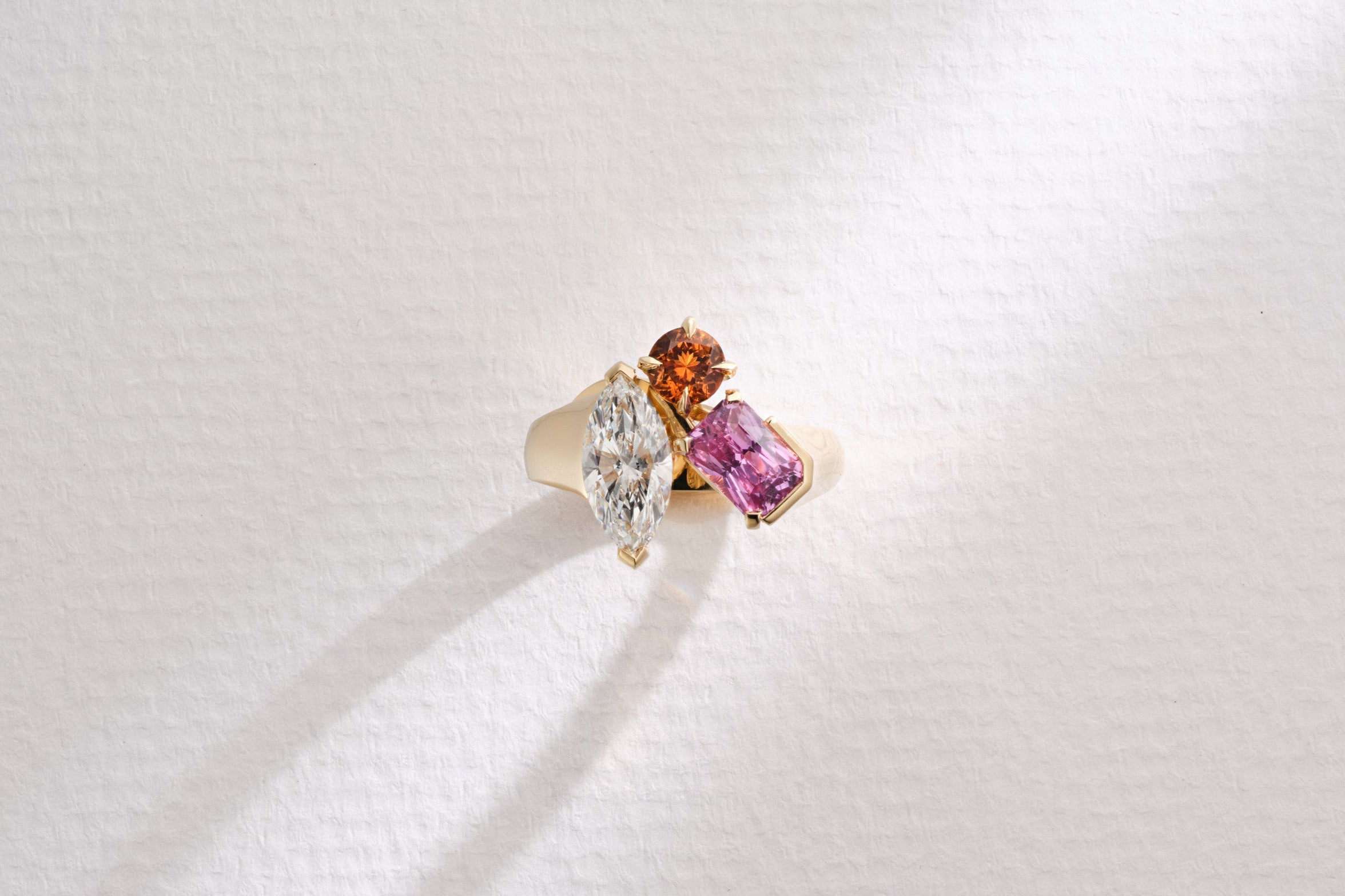One-of-a-Kind Marquis Diamond Ring with Orange and Pink Sapphire
