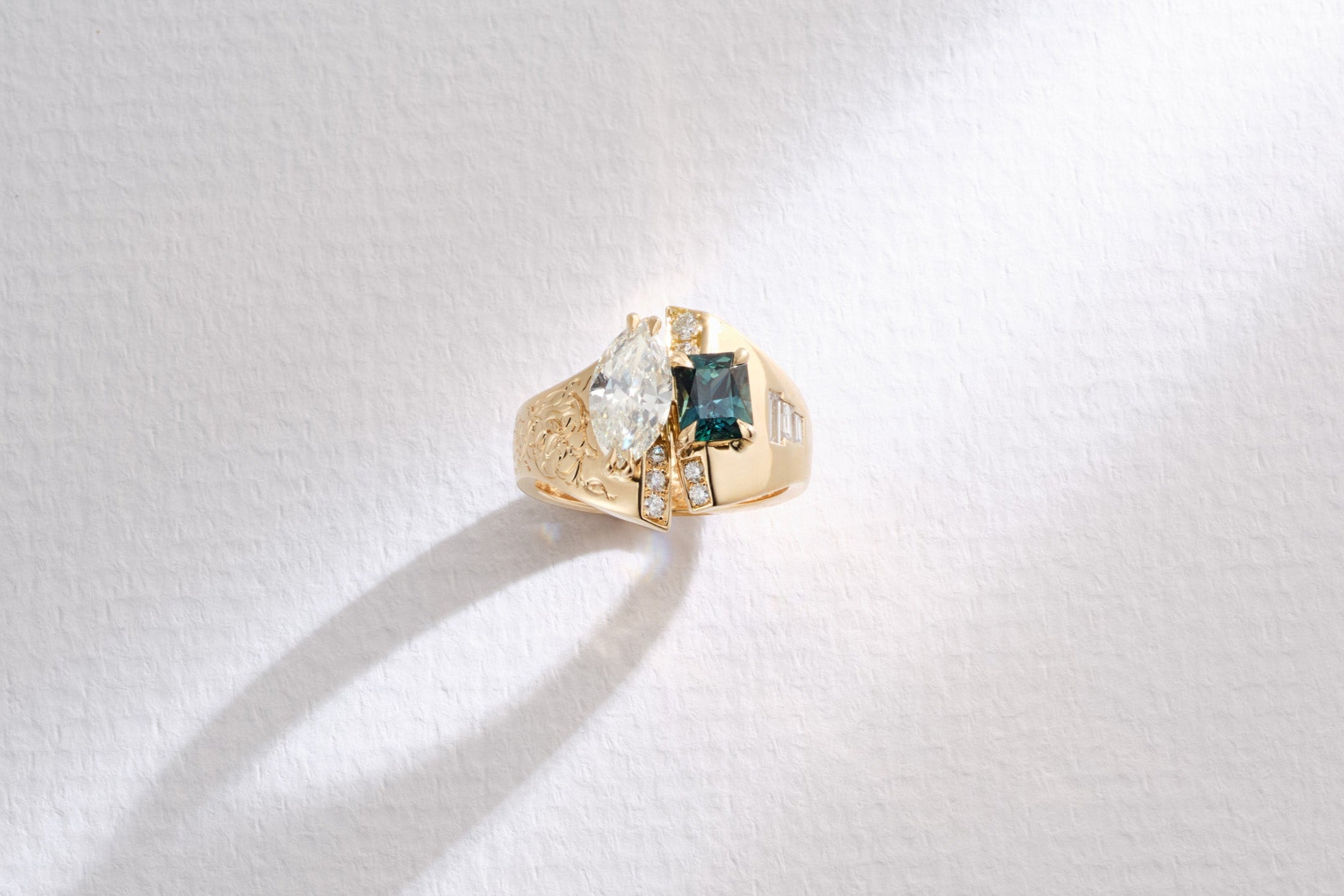 One-of-a-Kind Marquis Diamond and Green Sapphire Ring Bypass Ring