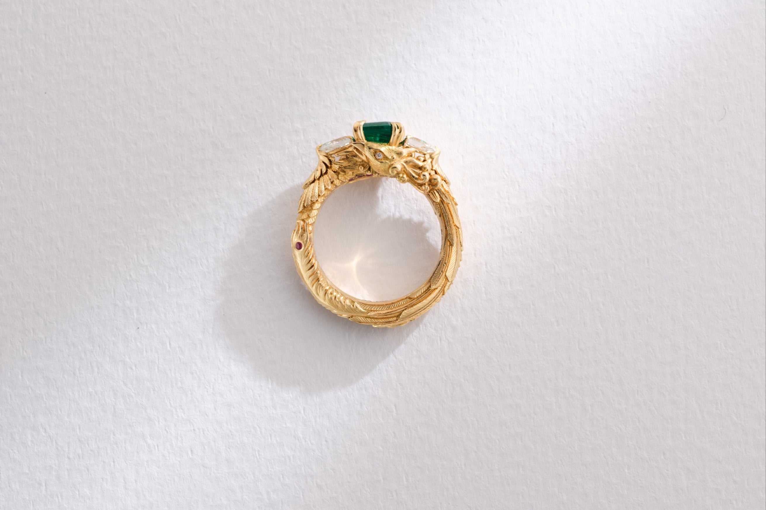 One-of-a-Kind Emerald Ring with Diamond Sidestones and Dragon Head