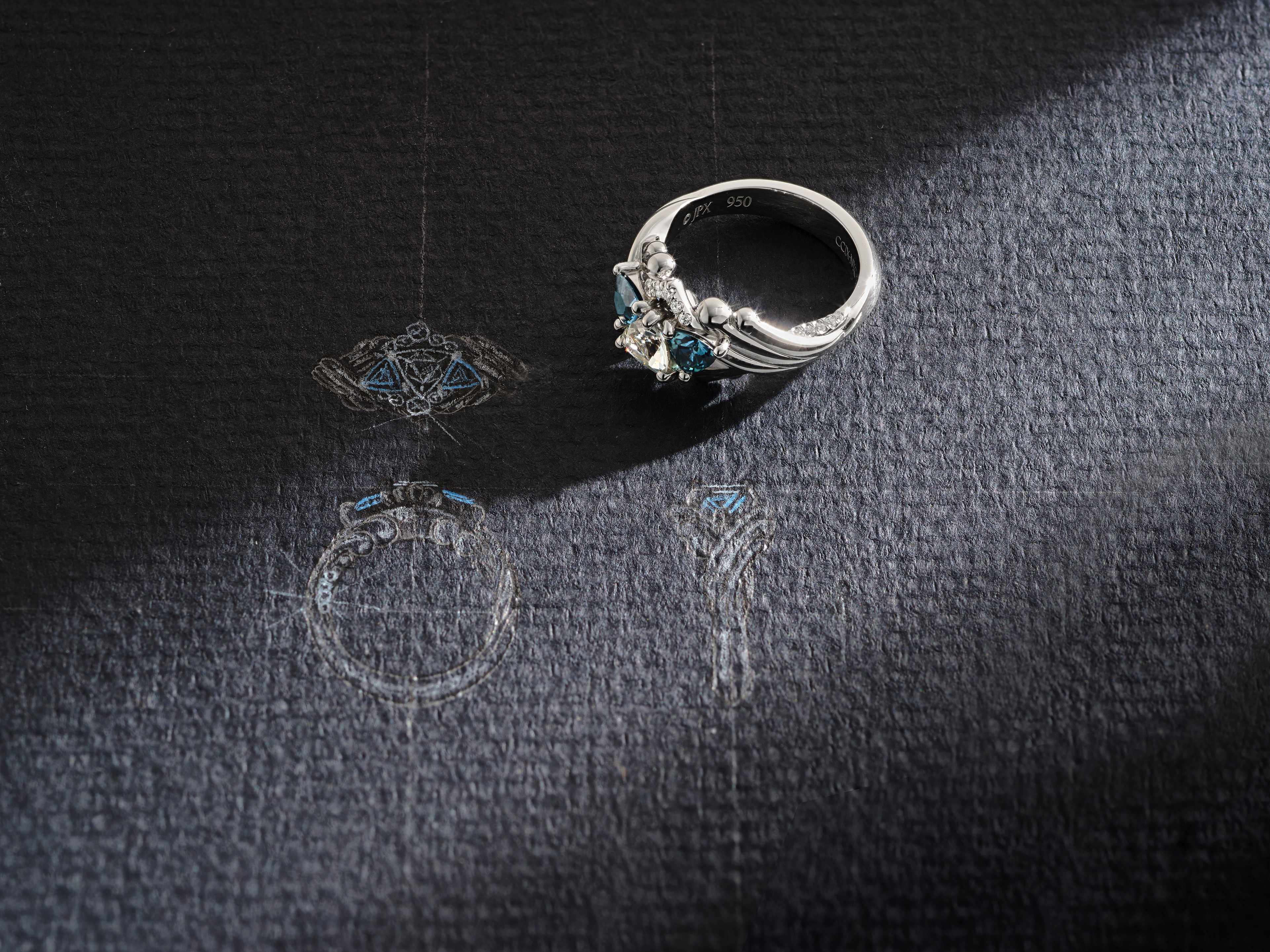 One-of-a-Kind Trillion Diamond Ring with Trillion Sapphire Sidestones