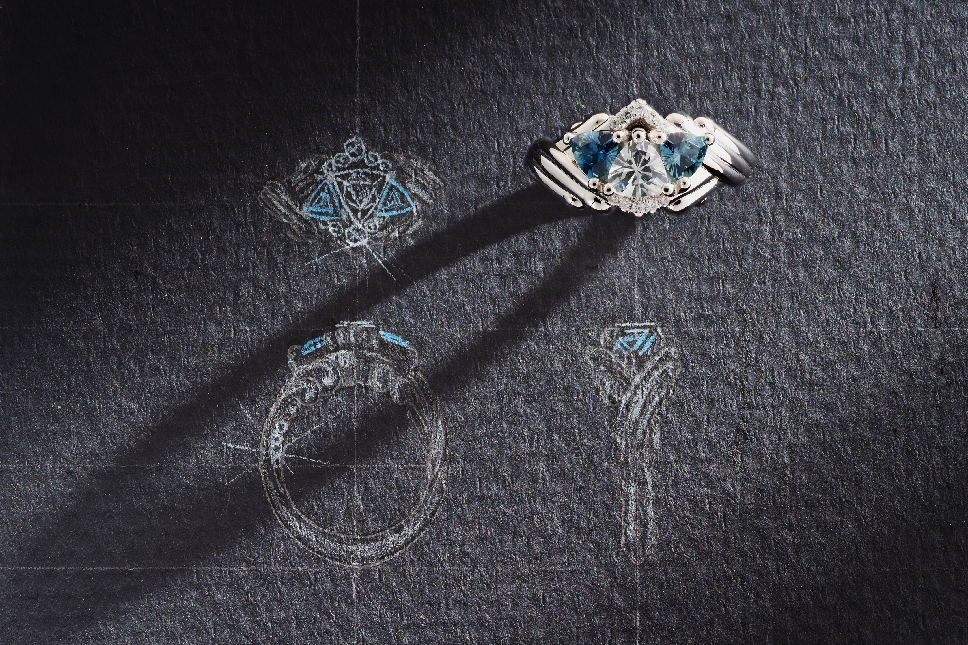 One-of-a-Kind Trillion Diamond Ring with Trillion Sapphire Sidestones