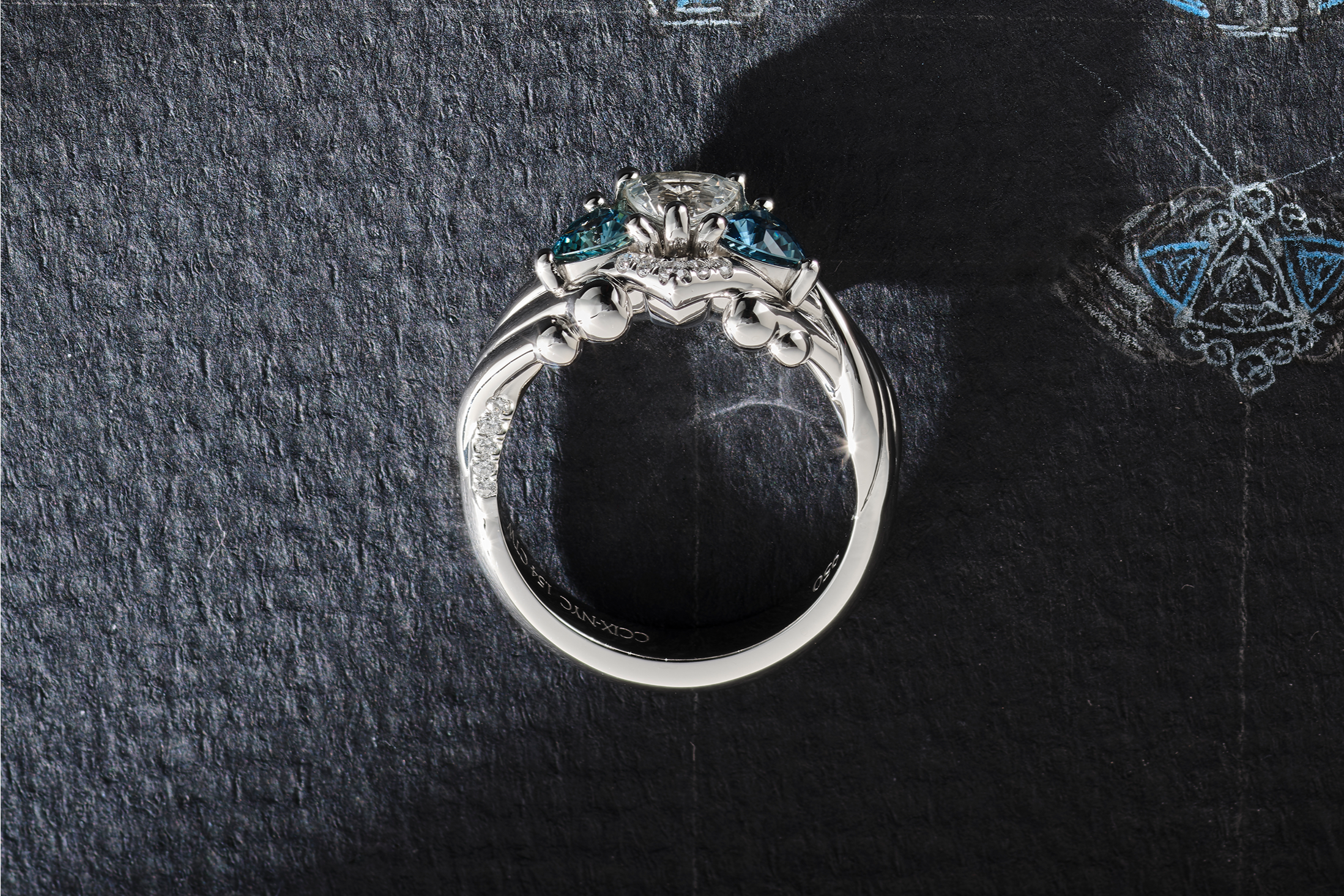 One-of-a-Kind Trillion Diamond Ring with Trillion Sapphire Sidestones