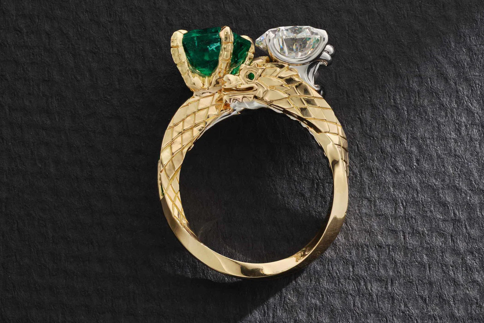 One-of-a-Kind Emerald and Pear Diamond with Dragon