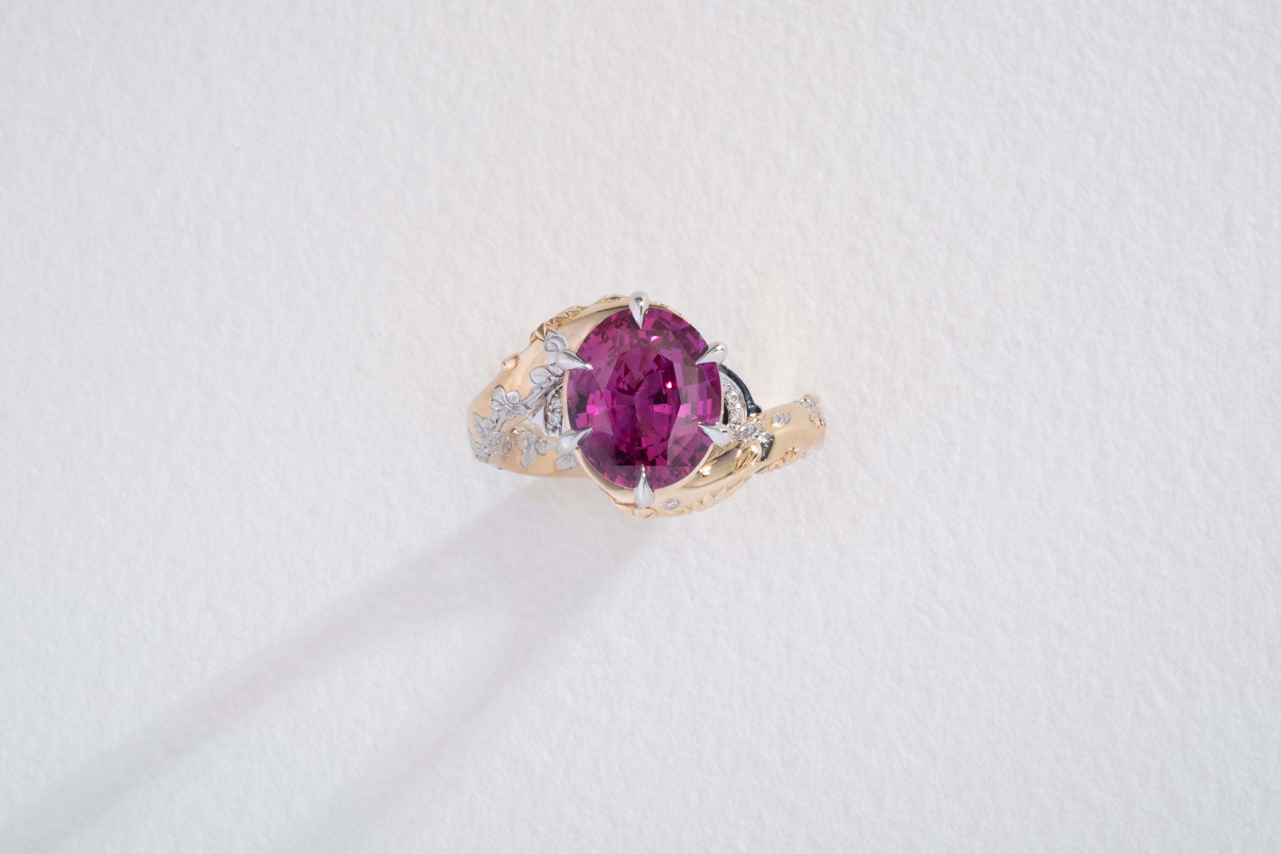 One-of-a-kind Pink Sapphire Ring with Platinum Inlay and Hand Engraving
