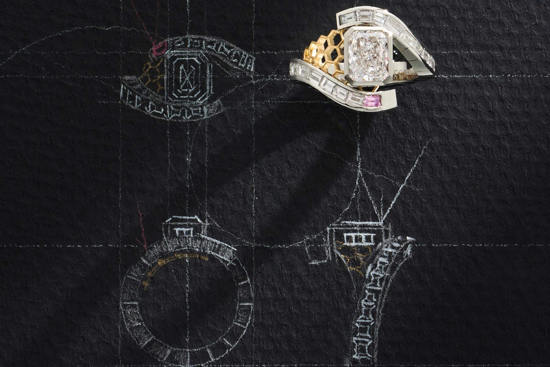 One-of-a-Kind Radiant Diamond Ring with Diamond Channel and Honeycomb Detail