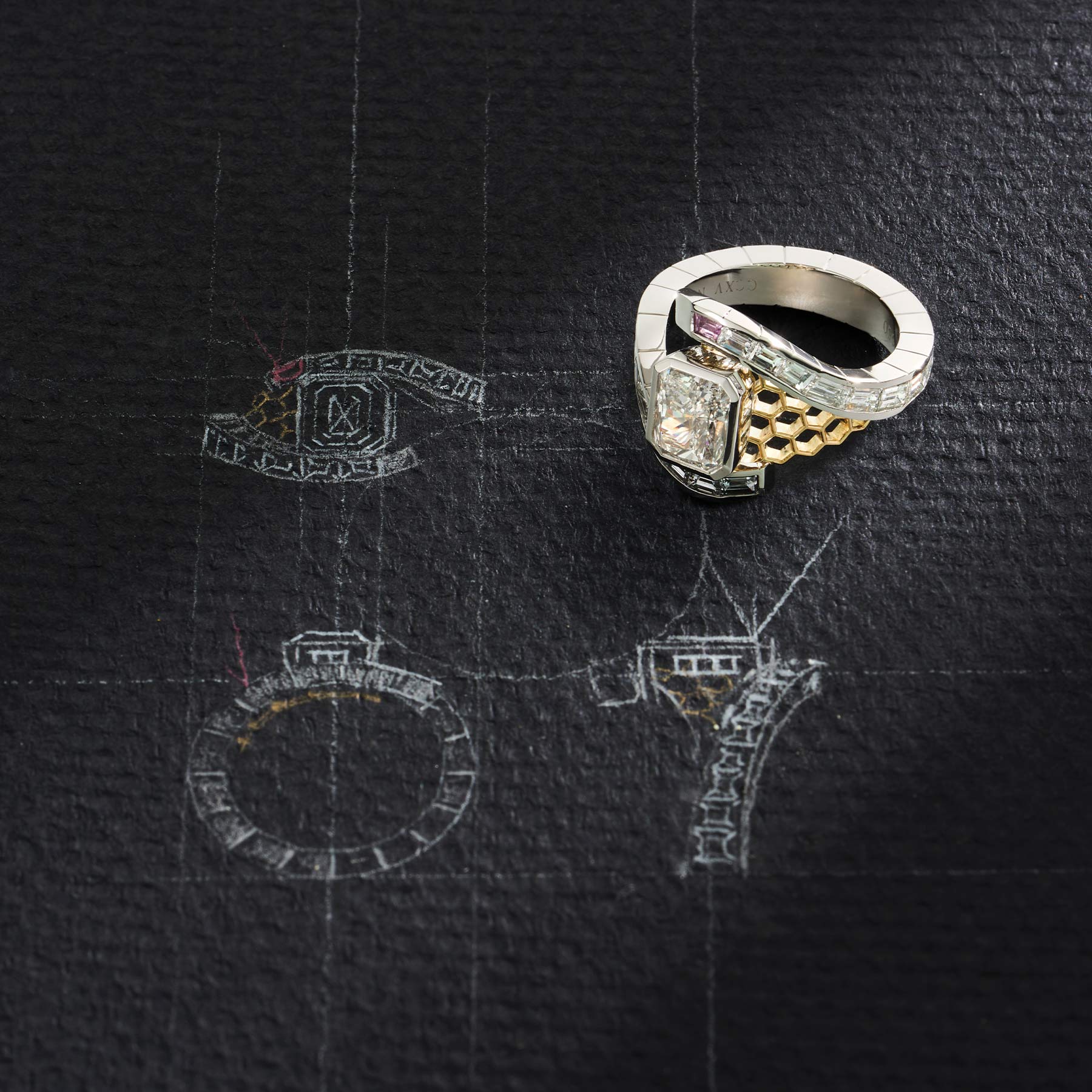 One-of-a-Kind Radiant Diamond Ring with Diamond Channel and Honeycomb Detail