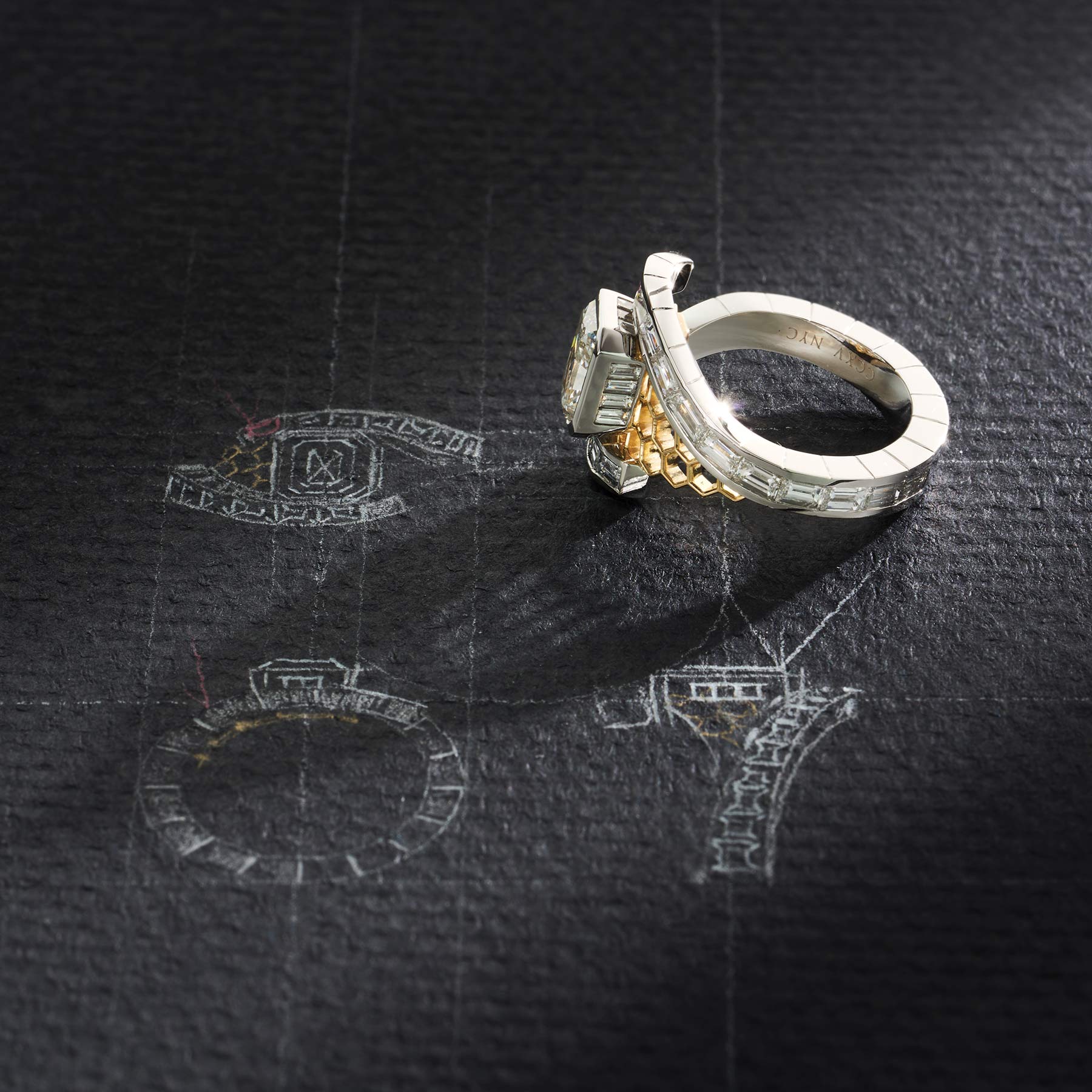 One-of-a-Kind Radiant Diamond Ring with Diamond Channel and Honeycomb Detail