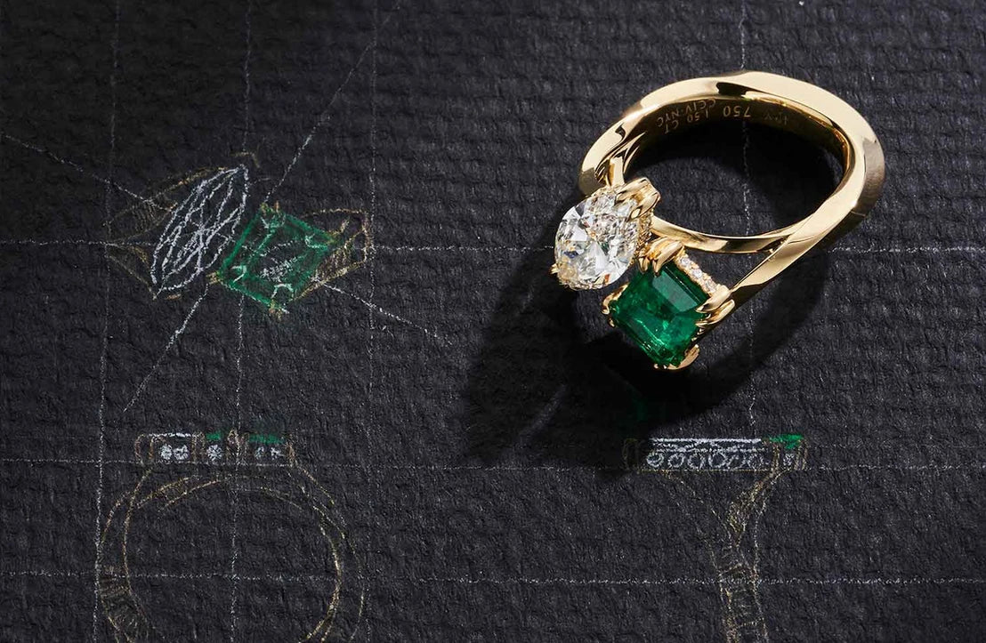 One-of-a-Kind Marquis Diamond and Emerald Ring with Diamond Hidden Halo