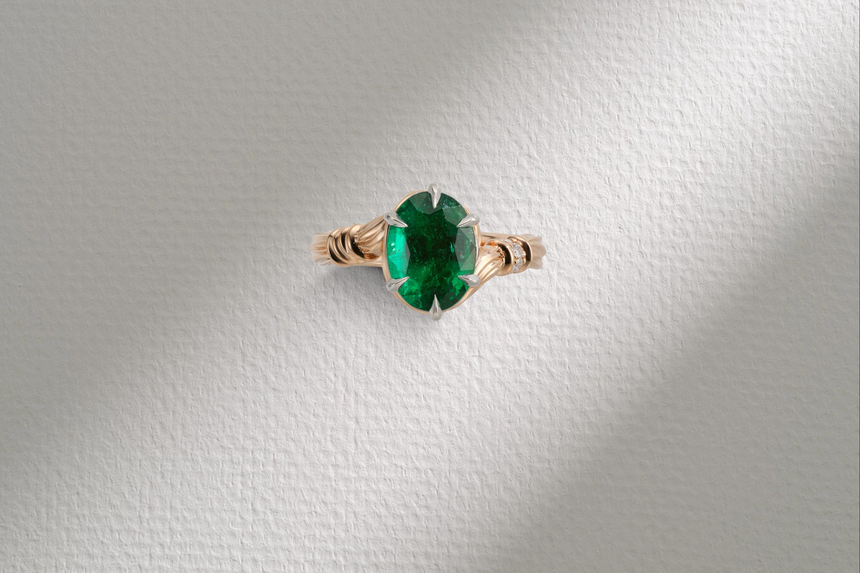 One-of-a-Kind Oval Emerald Ring with Fabric Detailing and Diamond Pavé