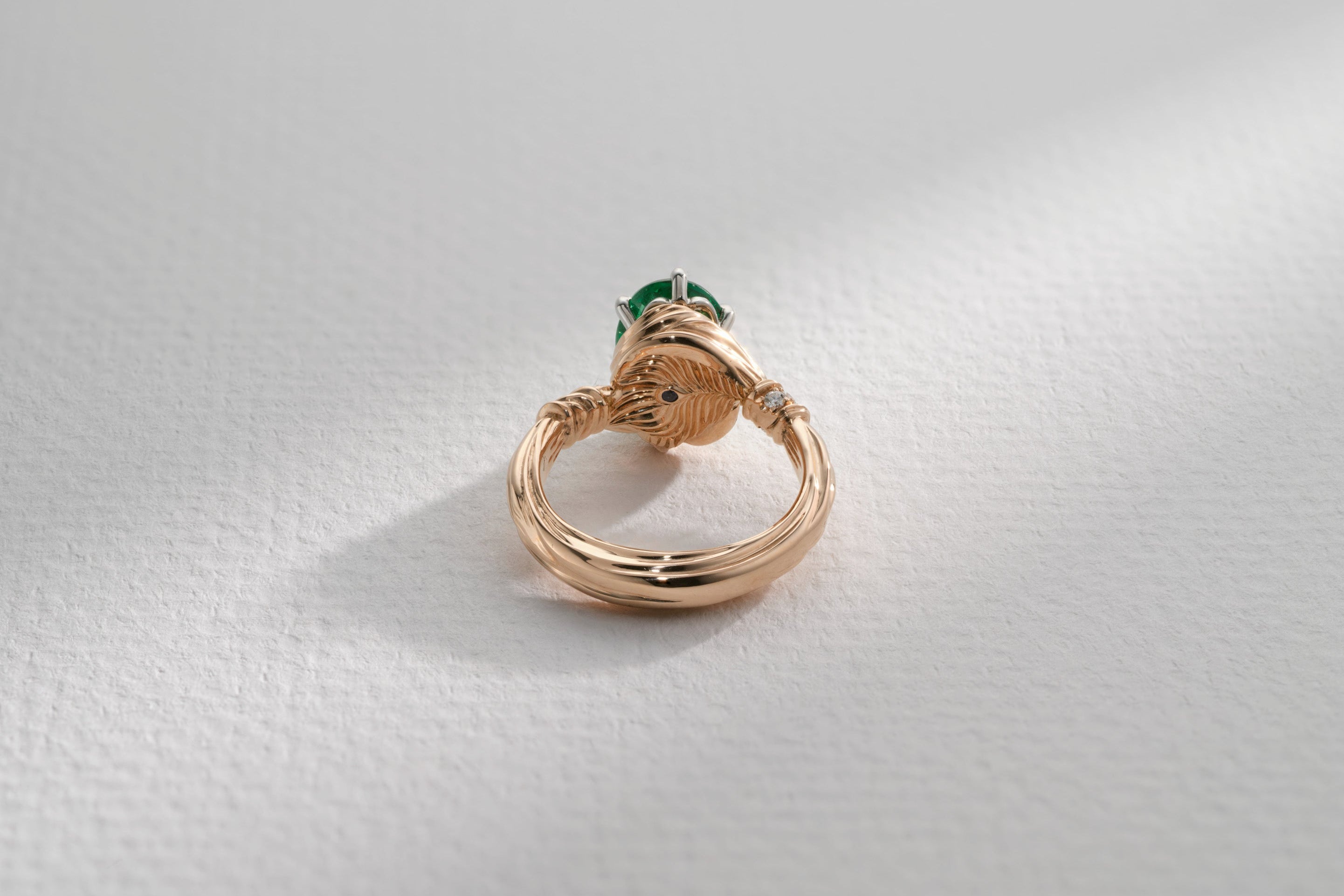 One-of-a-Kind Oval Emerald Ring with Fabric Detailing and Diamond Pavé
