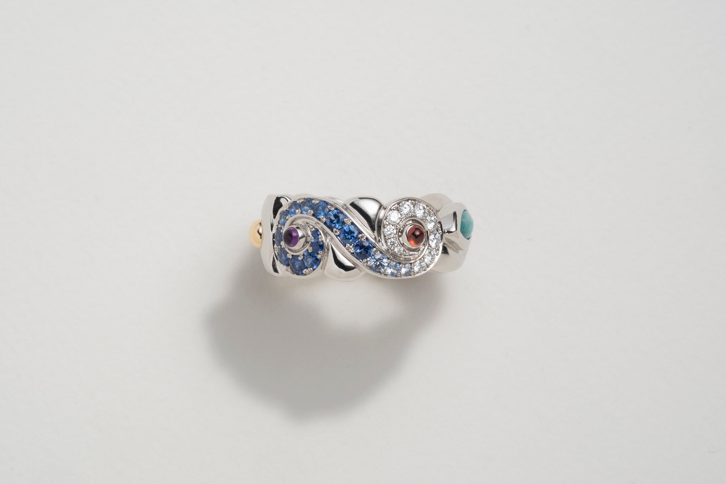 One-of-a-kind Platinum Ring with Gradient Sapphire and Diamond Pavé, Ice Jade, Sugilite and Amazonite Cabochons