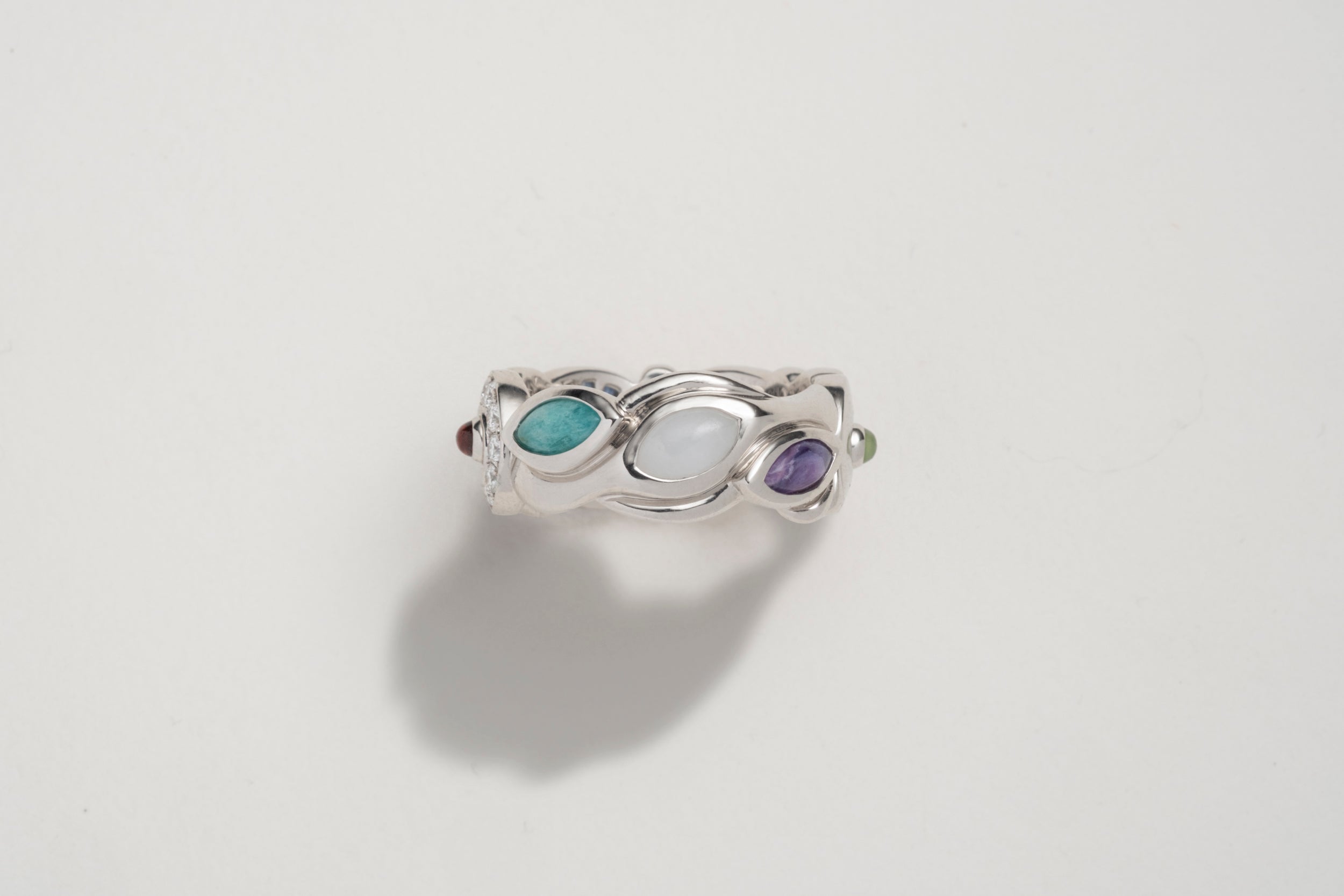 One-of-a-kind Platinum Ring with Gradient Sapphire and Diamond Pavé, Ice Jade, Sugilite and Amazonite Cabochons