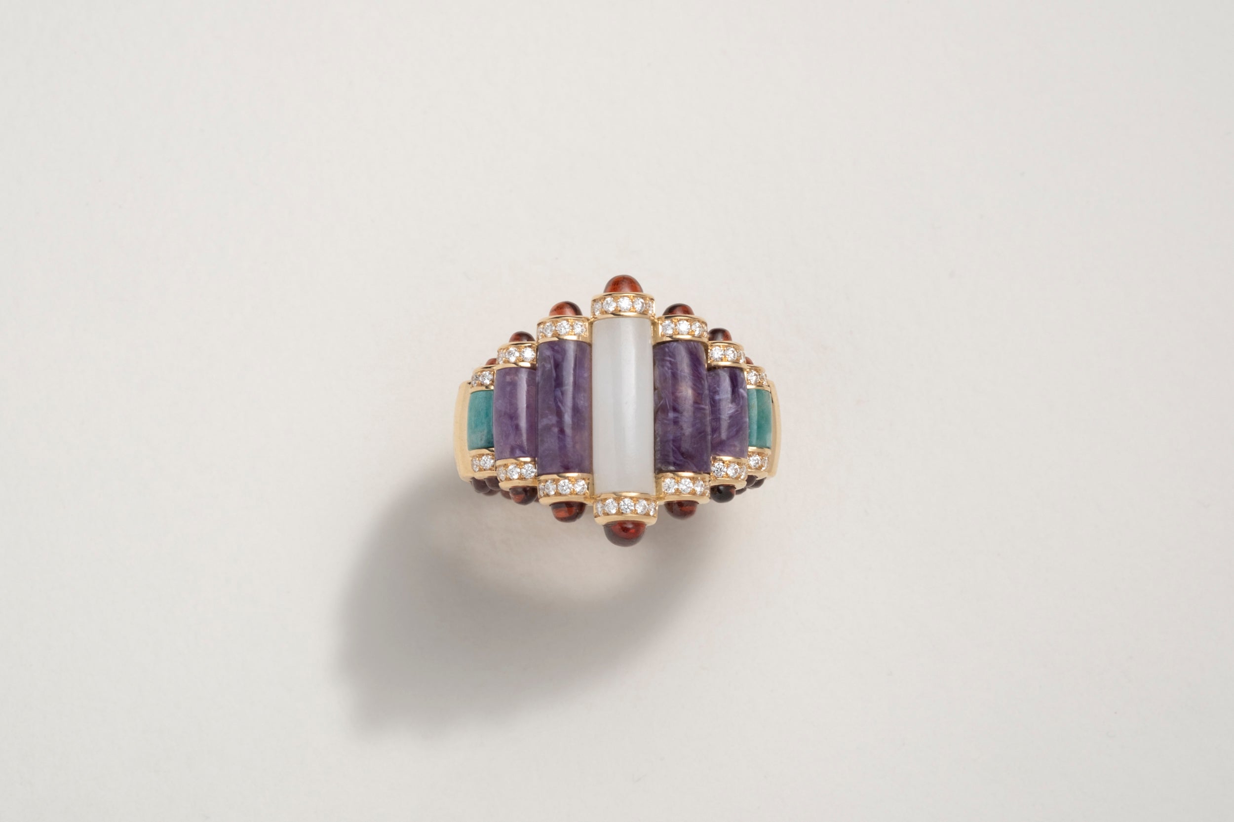 One-of-a-kind Ice Jade Ring with Sugilite, Amazonite, Garnets and Diamond Pavé