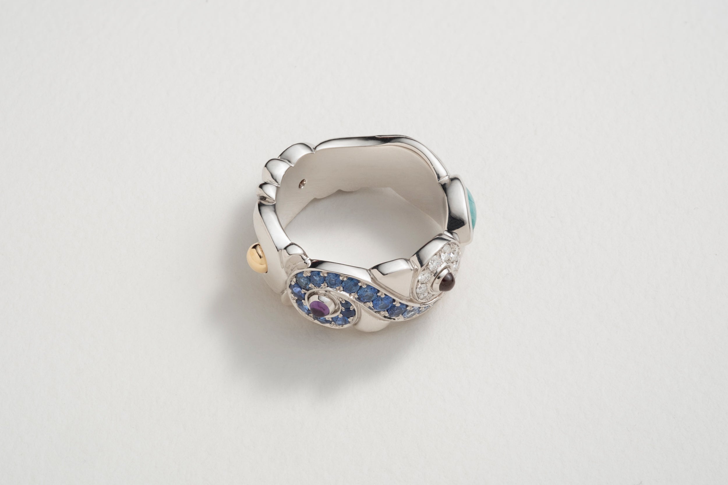 One-of-a-kind Platinum Ring with Gradient Sapphire and Diamond Pavé, Ice Jade, Sugilite and Amazonite Cabochons