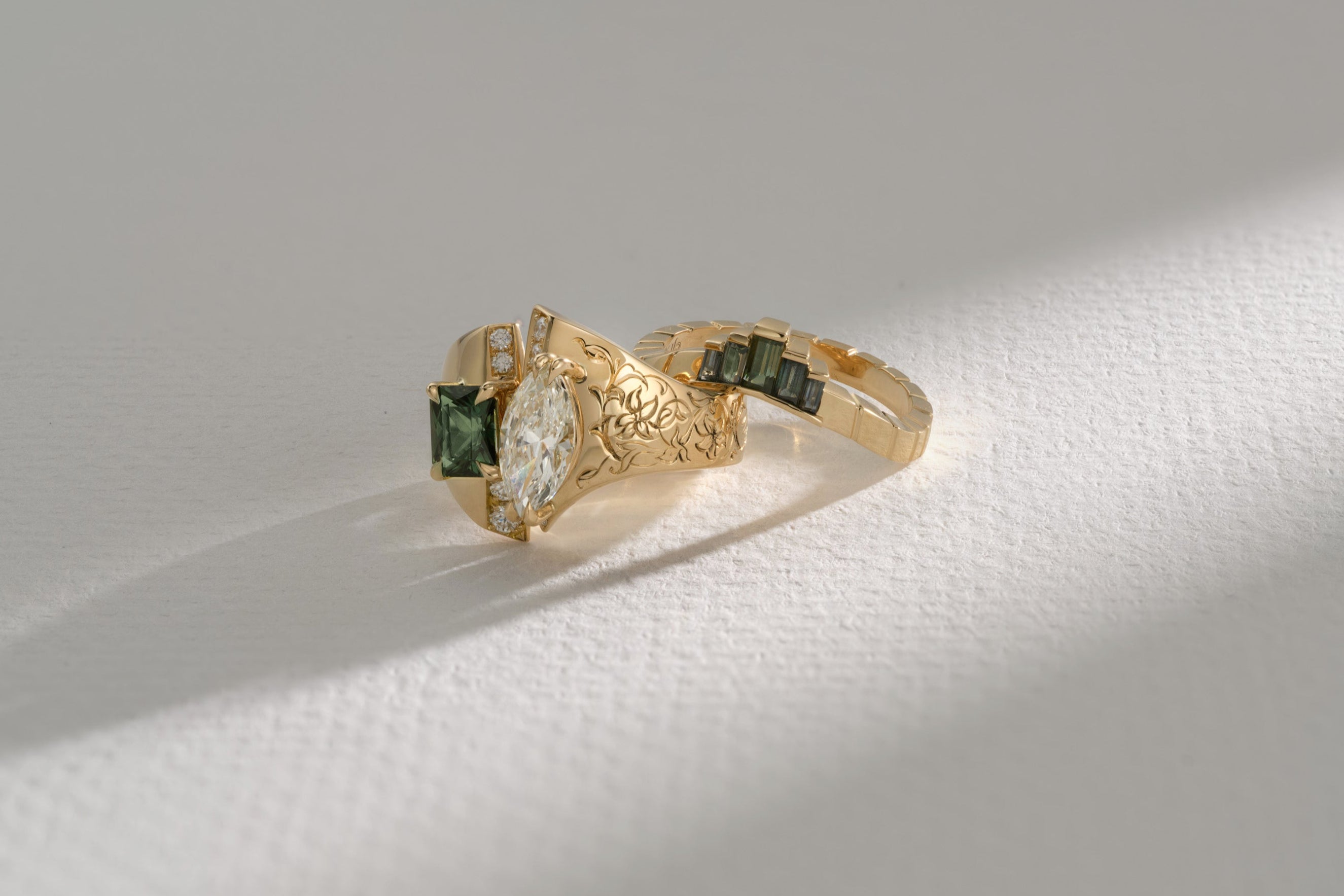 One-of-a-Kind Marquis Diamond and Green Sapphire Ring Bypass Ring