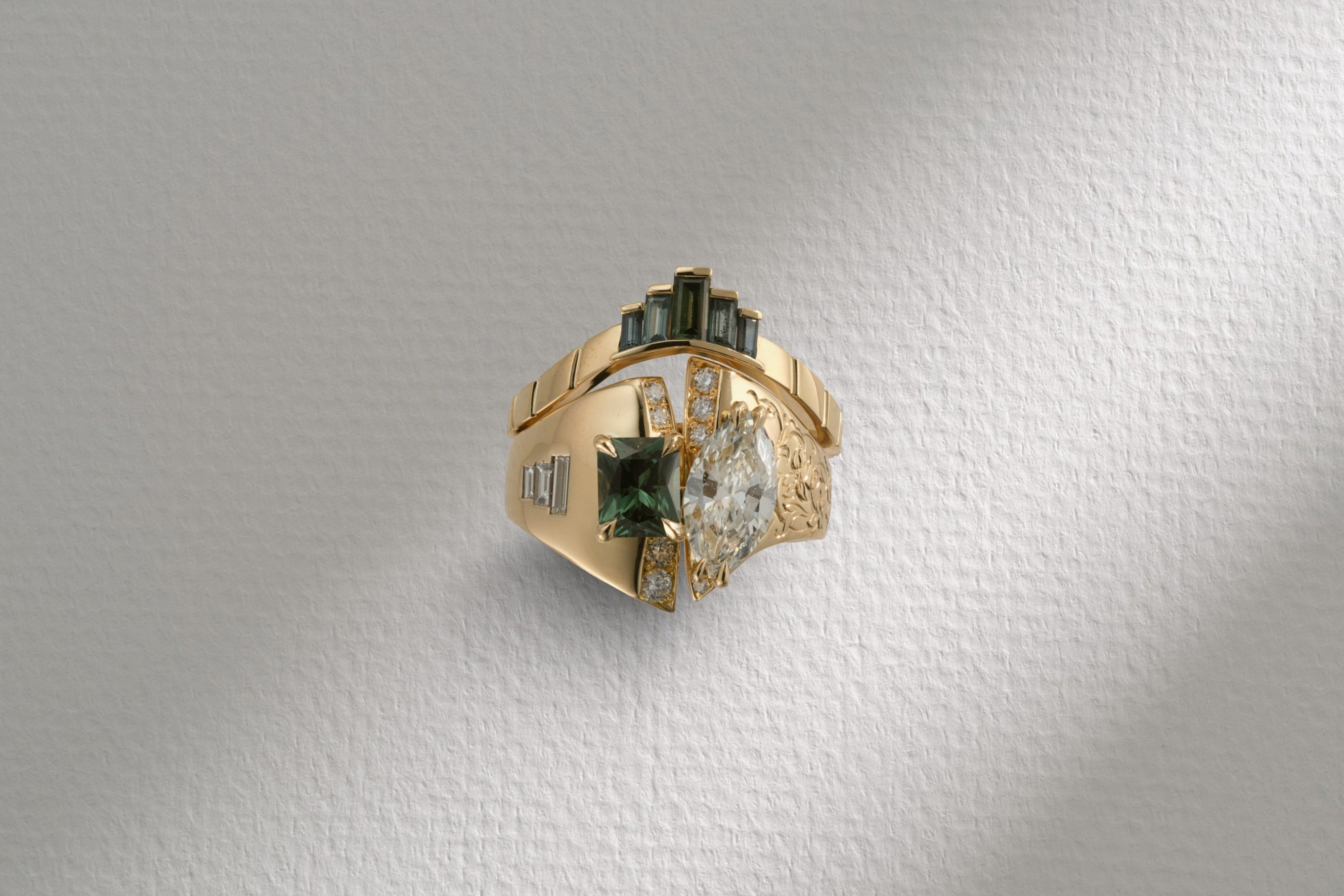 One-of-a-Kind Marquis Diamond and Green Sapphire Ring Bypass Ring