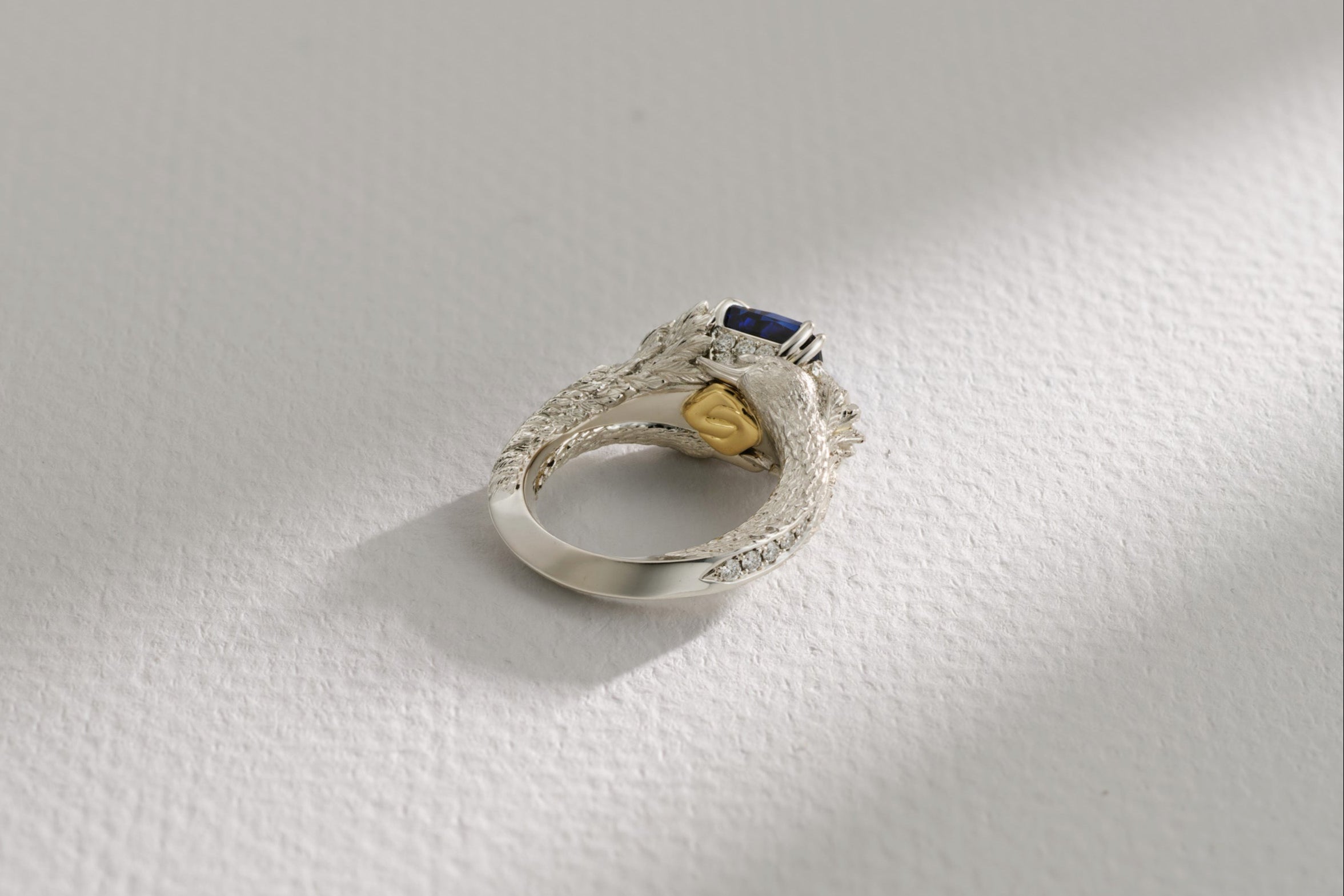One-of-a-Kind Blue Sapphire Ring with Swan Detailing