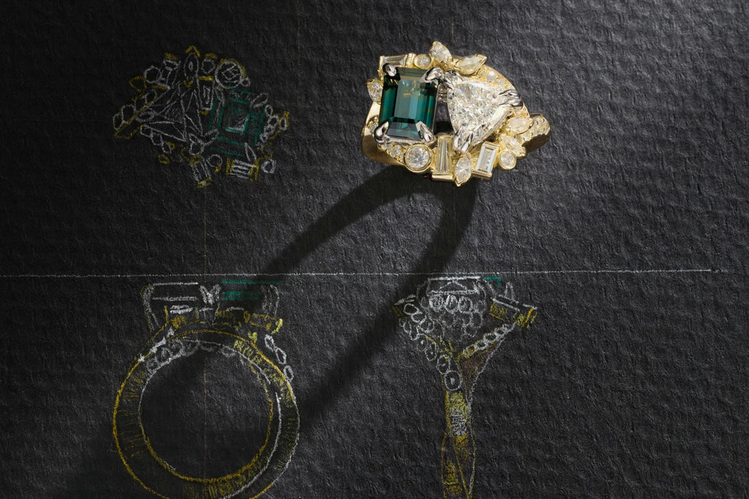 One-of-a-Kind Green Sapphire and Trillion Diamond Ring with Champagne Detail