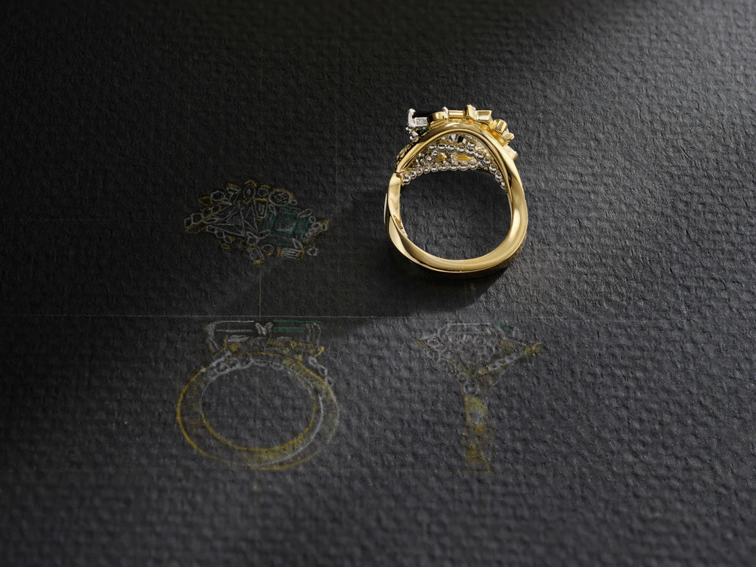 One-of-a-Kind Green Sapphire and Trillion Diamond Ring with Champagne Detail