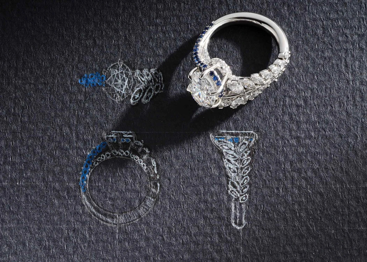 One-of-a-Kind Oval Diamond with Marquis Diamond and Blue Sapphire