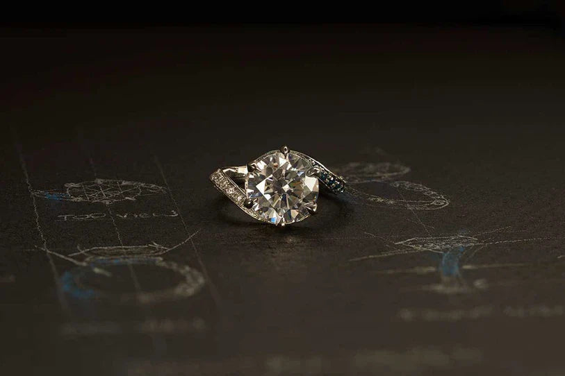 One-of-a-Kind Round Diamond Ring with White and Blue Diamond Pavé