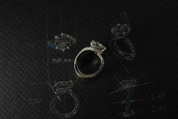 One-of-a-Kind Round Diamond Ring with White and Blue Diamond Pavé