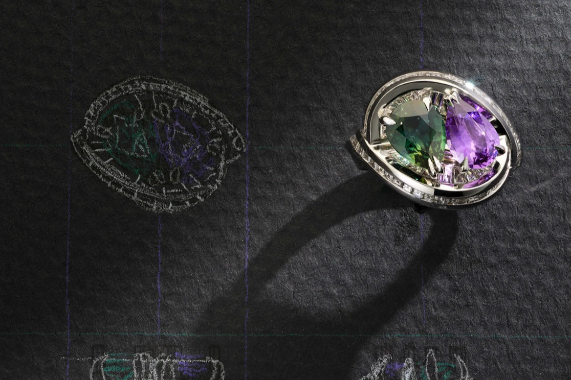 One-of-a-Kind Purple and Green Sapphire Ring with Channel Setting
