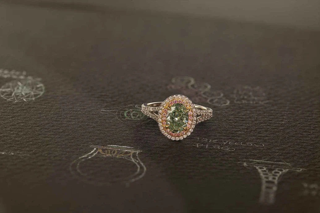 One-of-a-Kind Green Diamond with White and Pink Diamond Halo