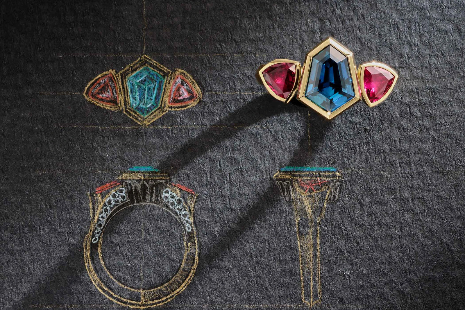 One-of-a-Kind Blue Sapphire Ring with Ruby Sidestones
