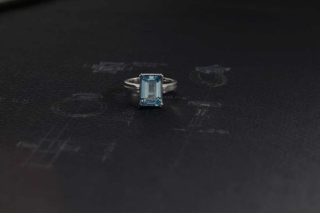 One-of-a-Kind Emerald Cut Aquamarine Ring with Hidden Pavé