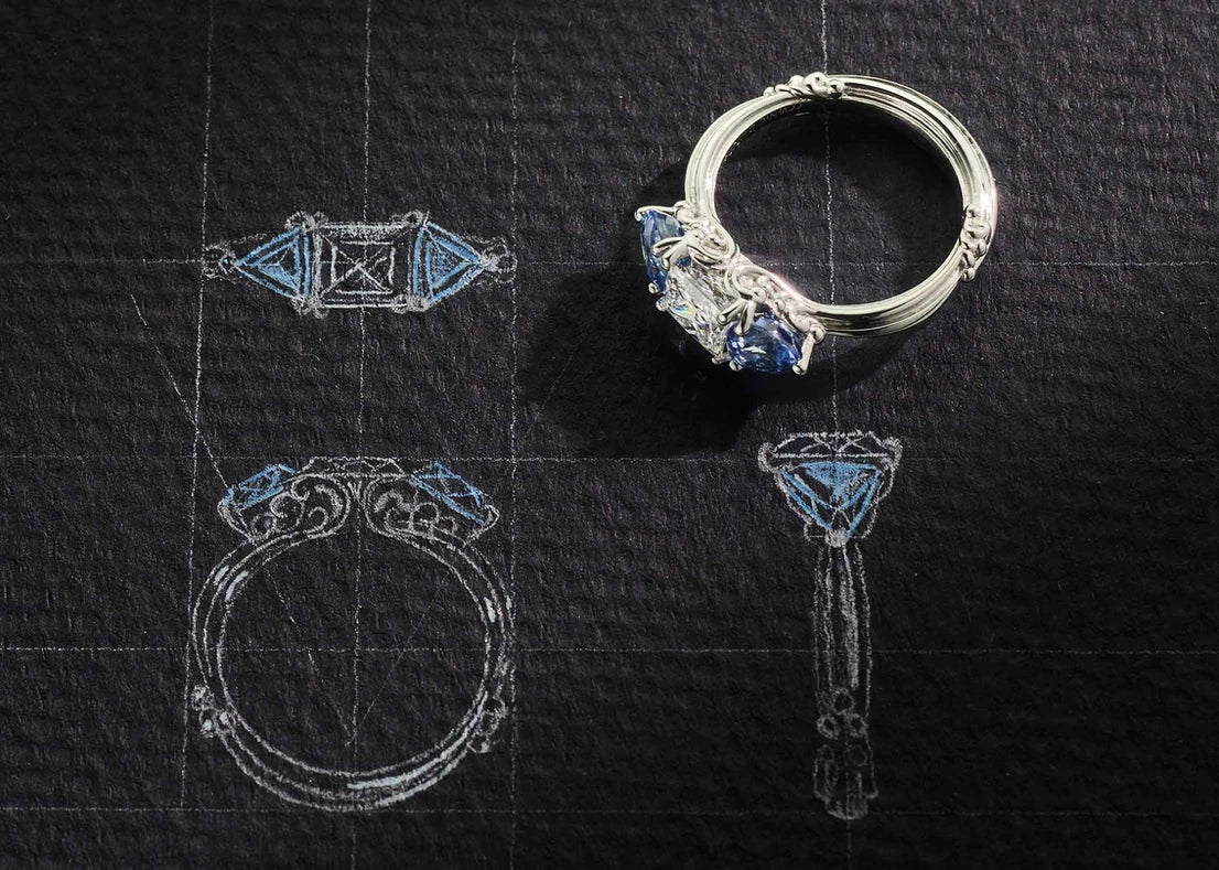 One-of-a-Kind Heirloom Diamond Ring with Trillion Blue Sapphire