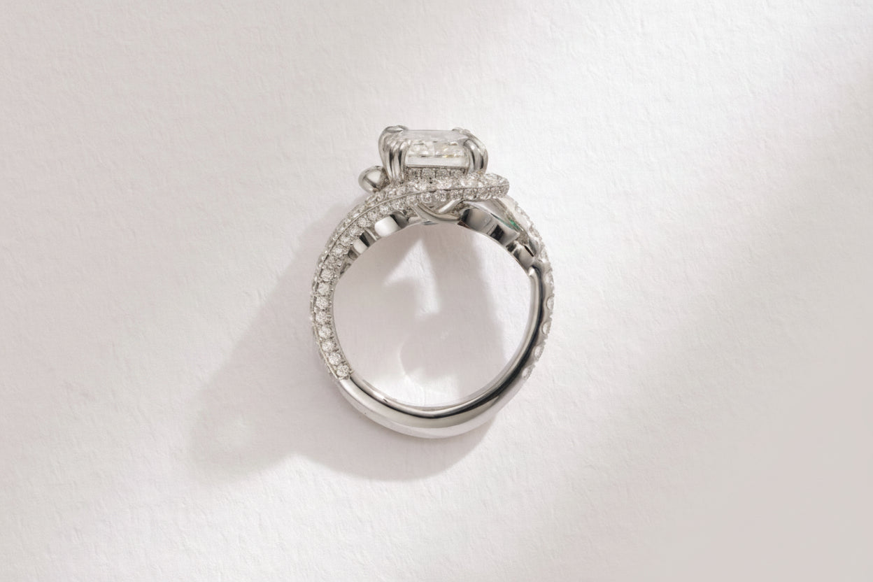 One-of-a-Kind Radiant Diamond Ring with Emerald Sidestones