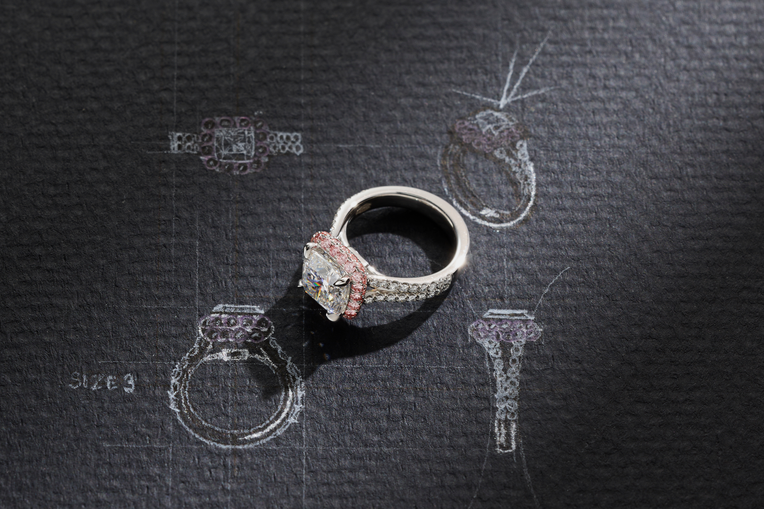 One-of-a-Kind Cushion Cut Diamond Ring with Double Pink Diamond Halo