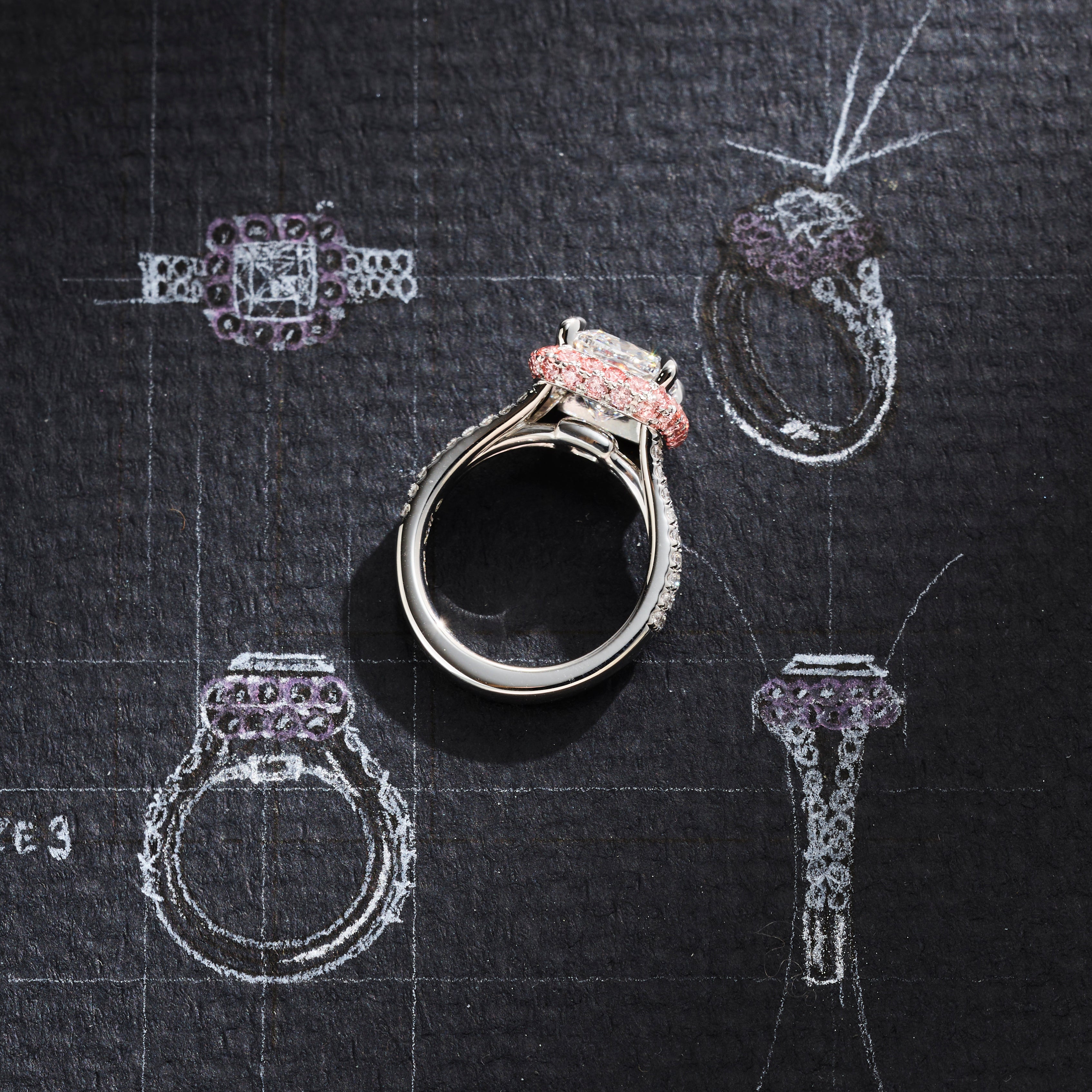 One-of-a-Kind Cushion Cut Diamond Ring with Double Pink Diamond Halo