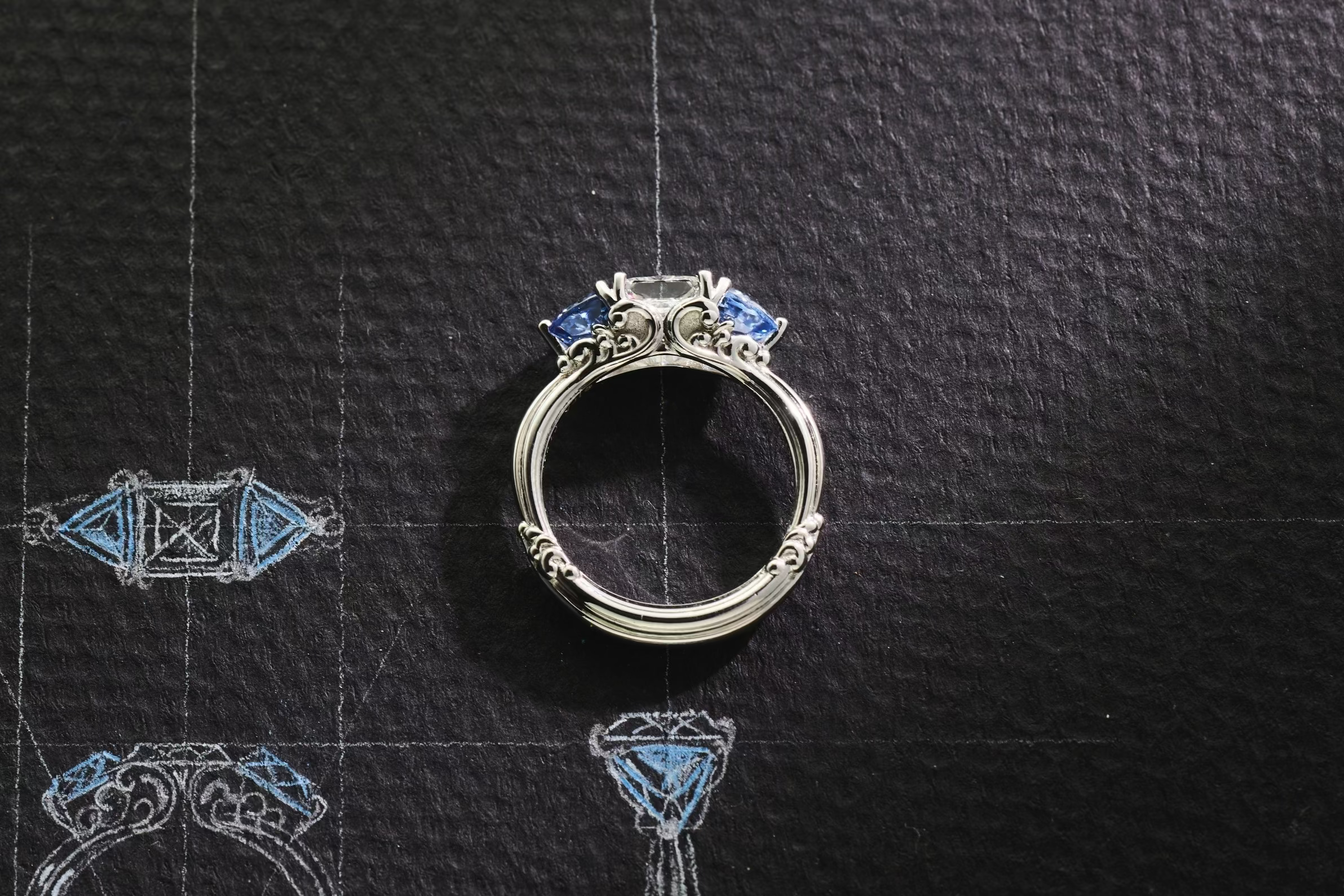 One-of-a-Kind Heirloom Diamond Ring with Trillion Blue Sapphire