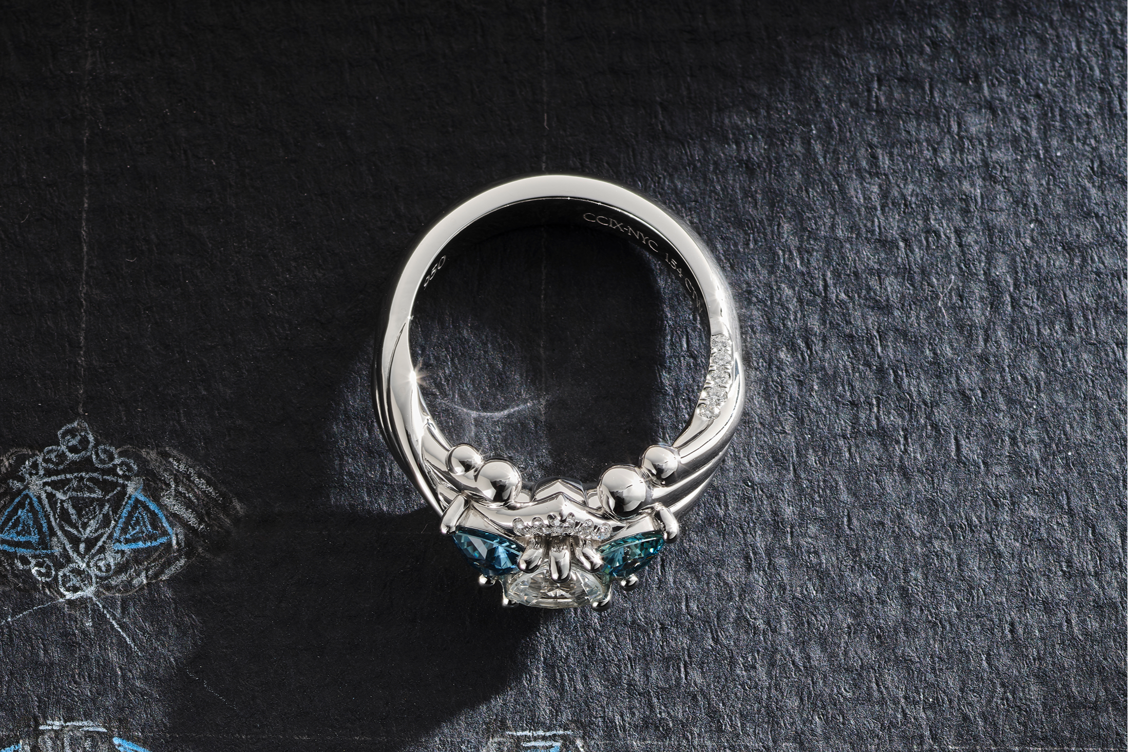 One-of-a-Kind Trillion Diamond Ring with Trillion Sapphire Sidestones