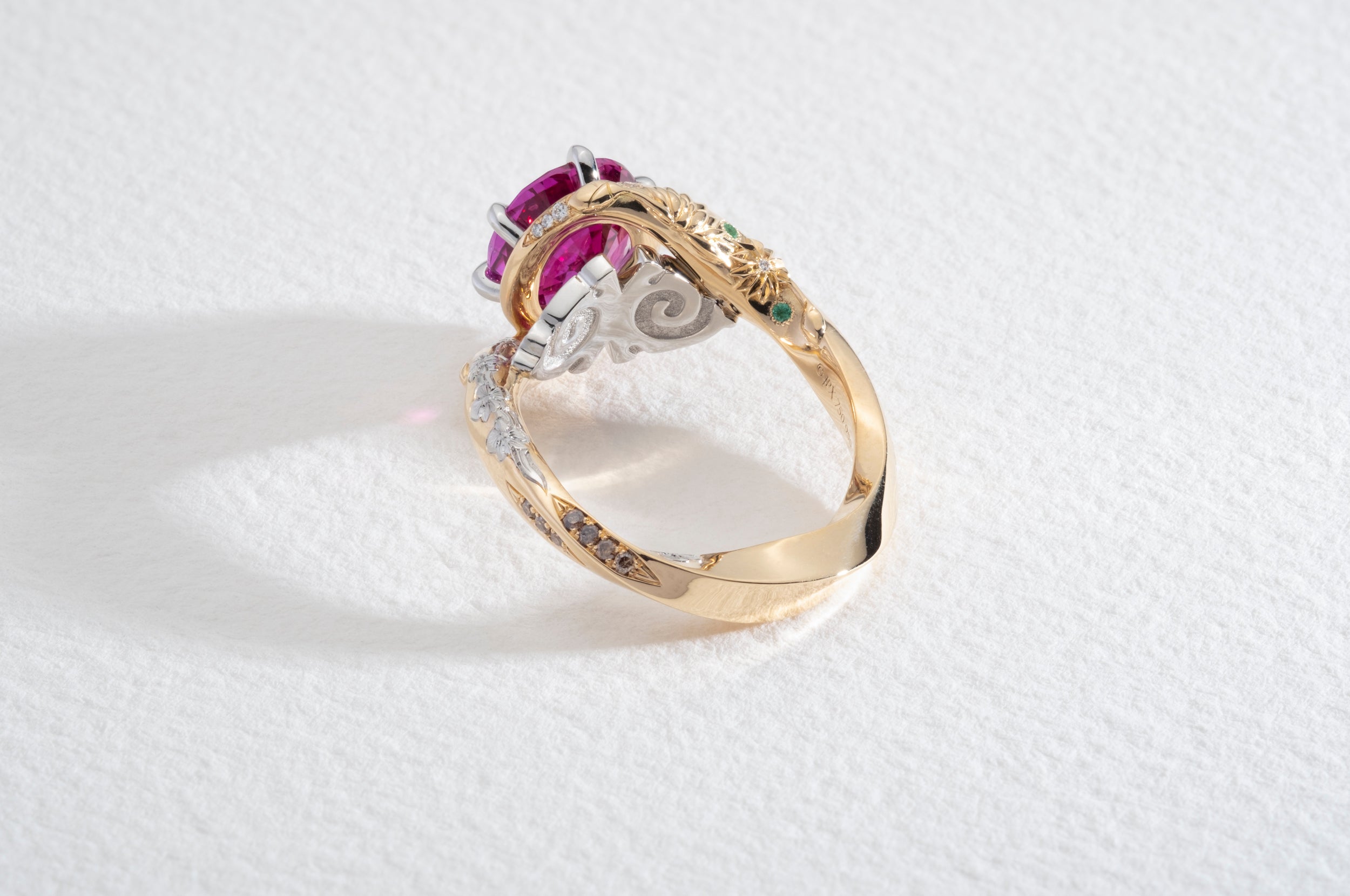 One-of-a-kind Pink Sapphire Ring with Platinum Inlay and Hand Engraving