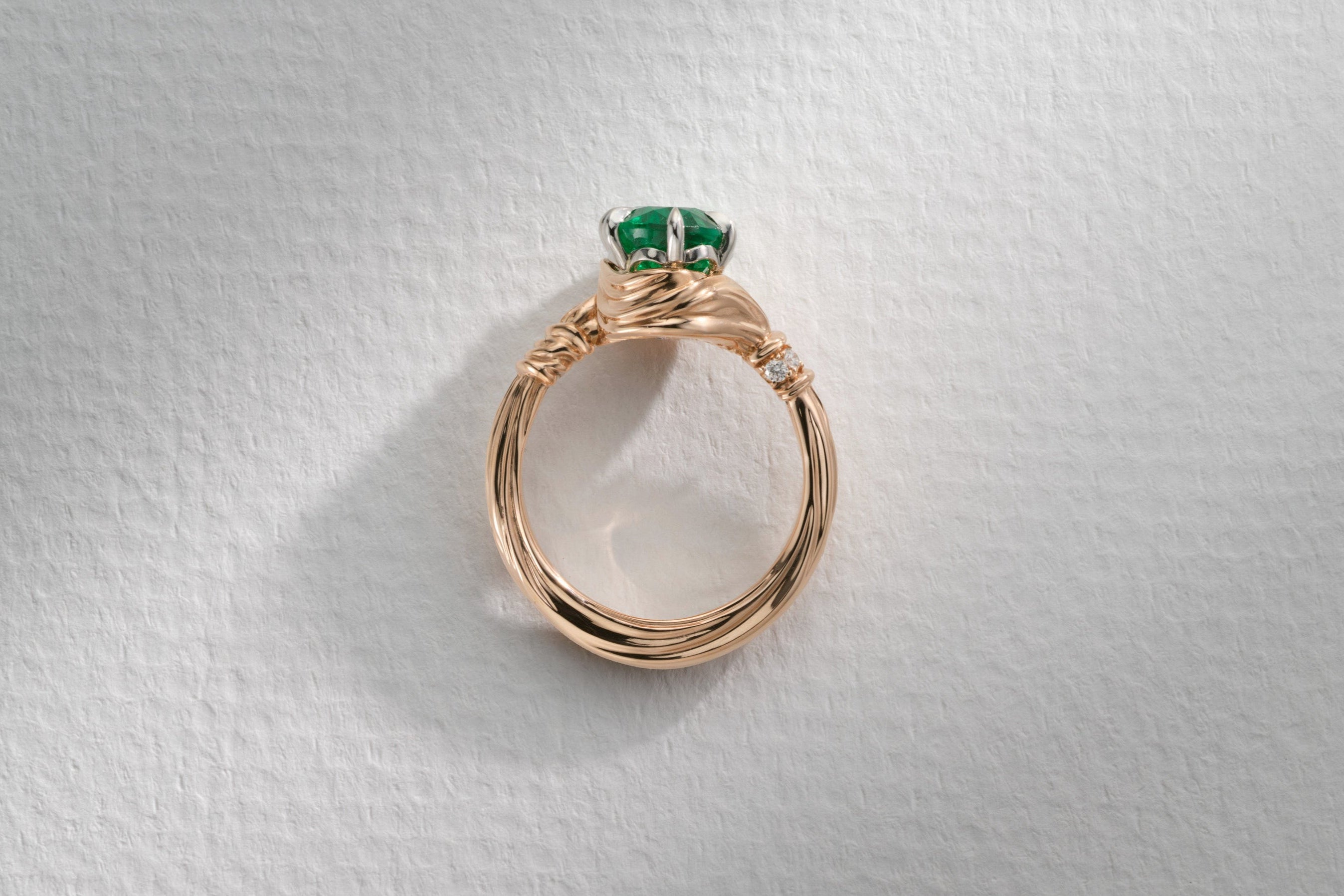 One-of-a-Kind Oval Emerald Ring with Fabric Detailing and Diamond Pavé