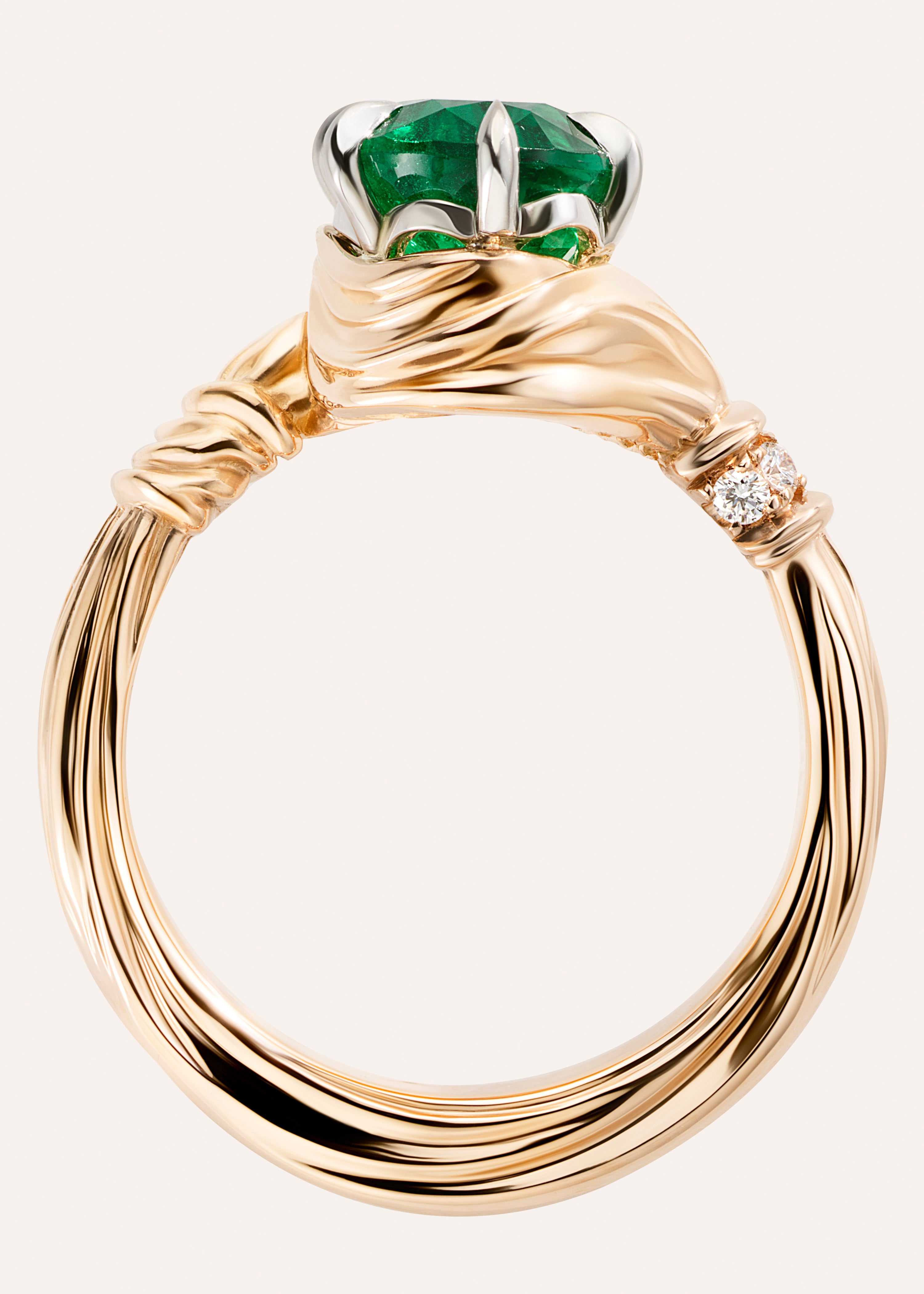 One-of-a-Kind Oval Emerald Ring with Fabric Detailing and Diamond Pavé