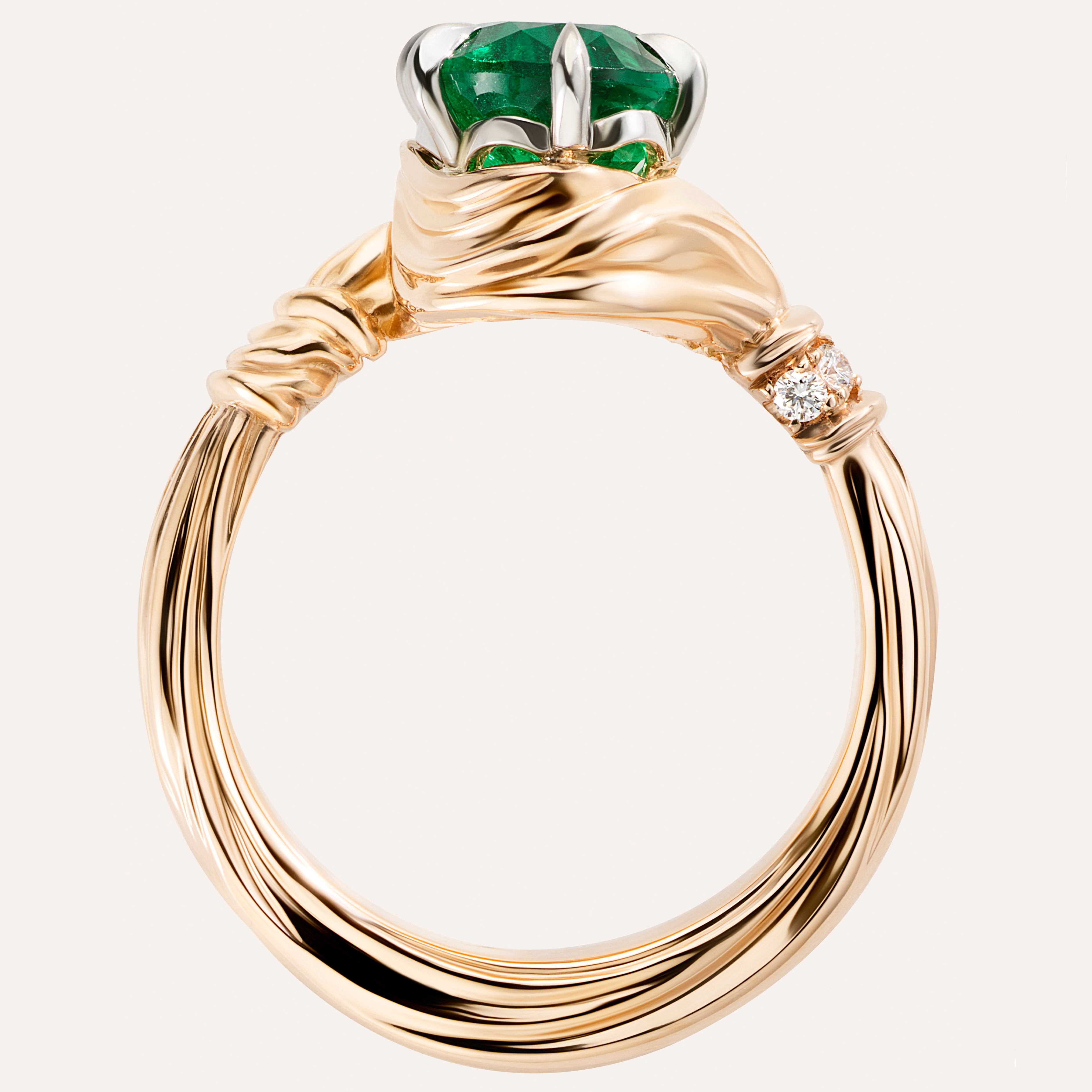 One-of-a-Kind Oval Emerald Ring with Fabric Detailing and Diamond Pavé