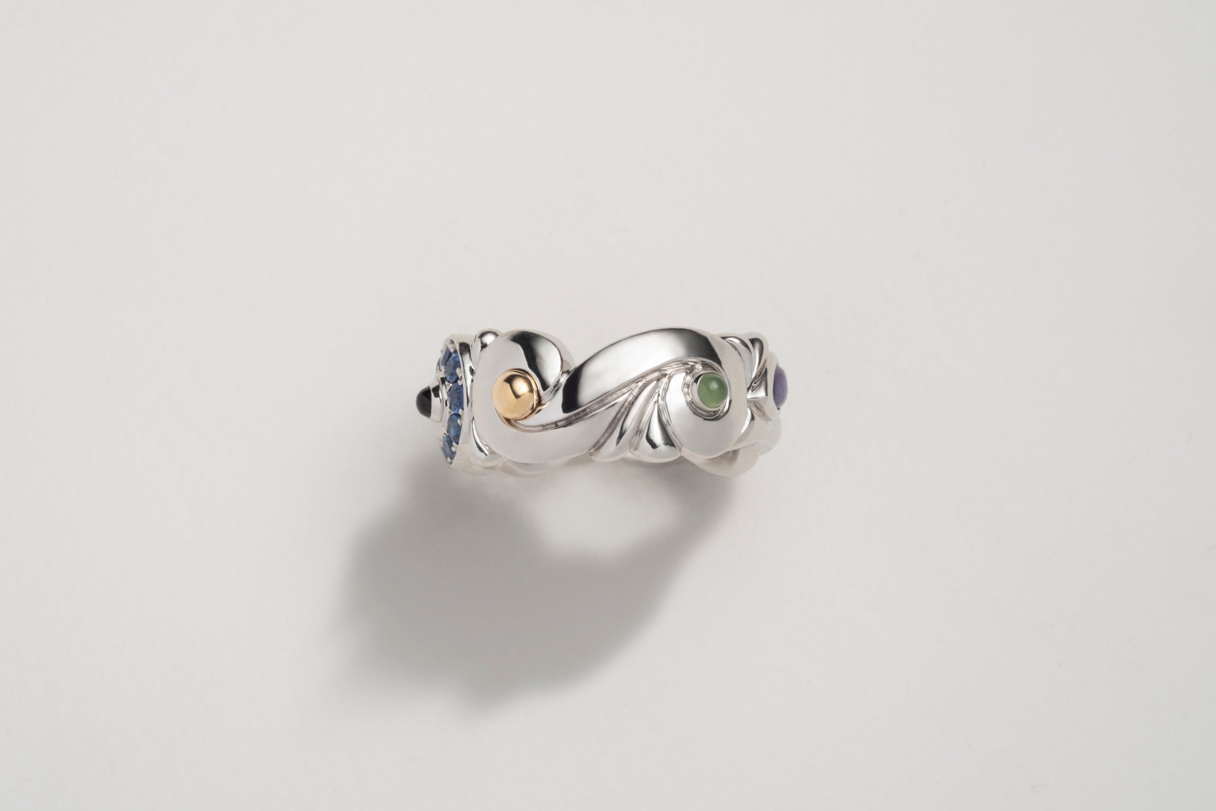 One-of-a-kind Platinum Ring with Gradient Sapphire and Diamond Pavé, Ice Jade, Sugilite and Amazonite Cabochons