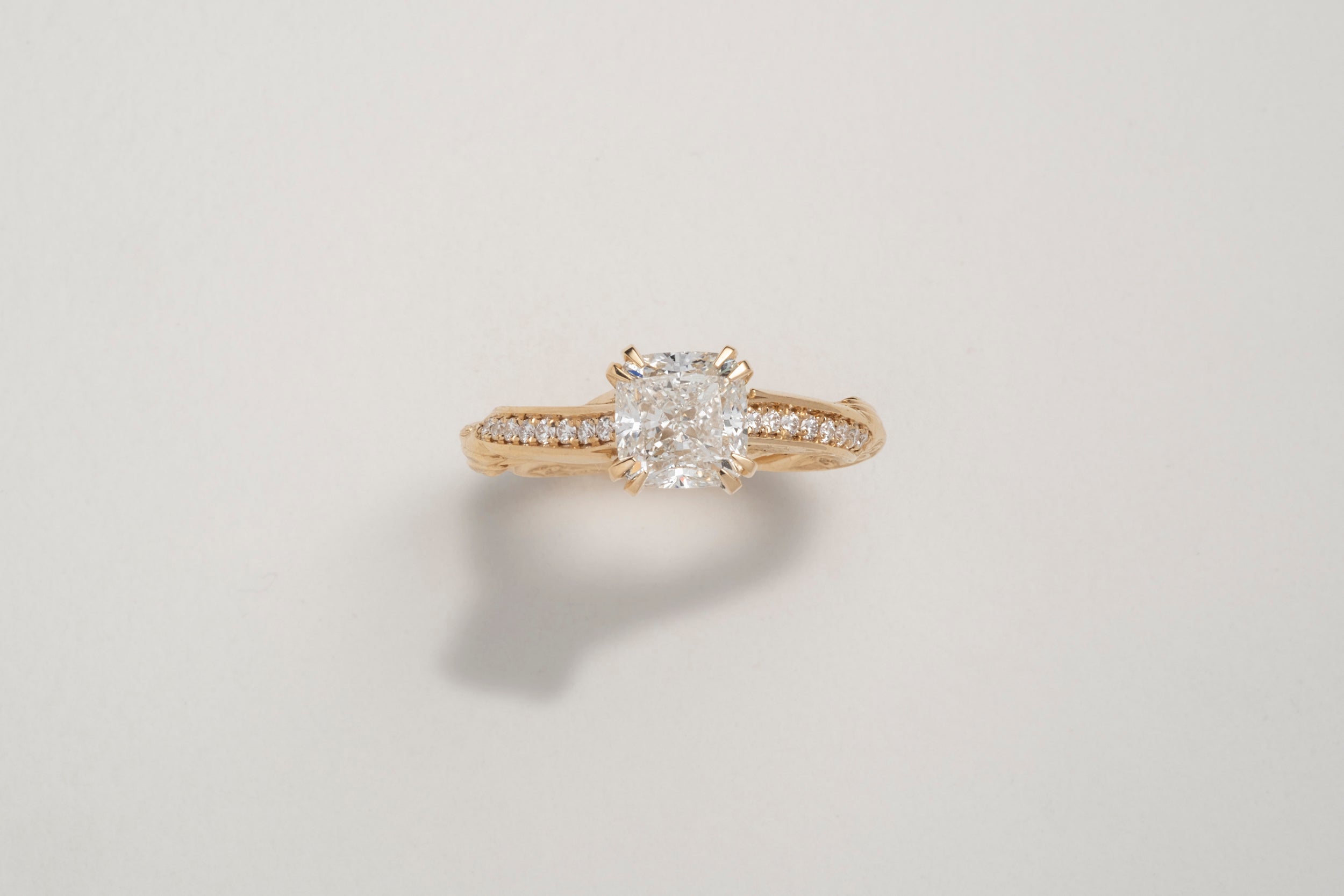 One-of-a-kind Cushion Diamond Ring with Hand-Engraving