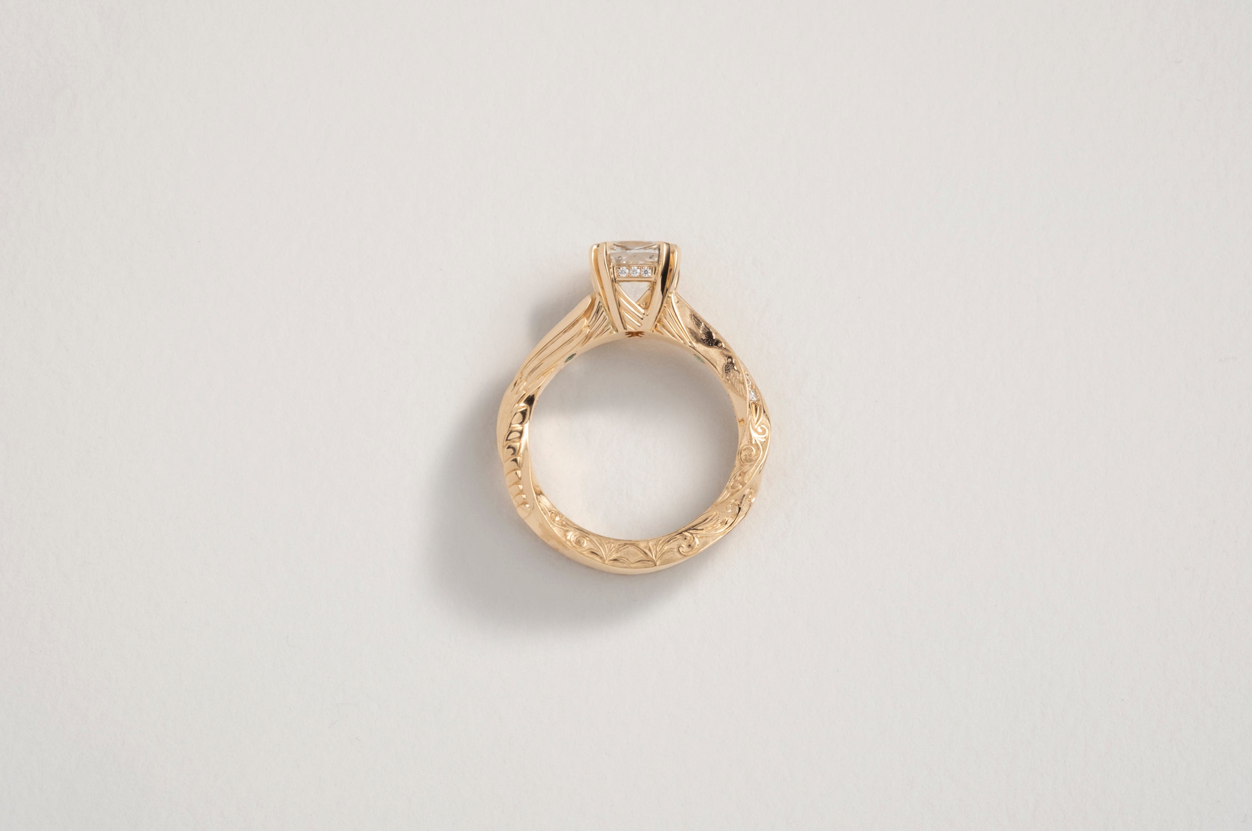 One-of-a-kind Cushion Diamond Ring with Hand-Engraving
