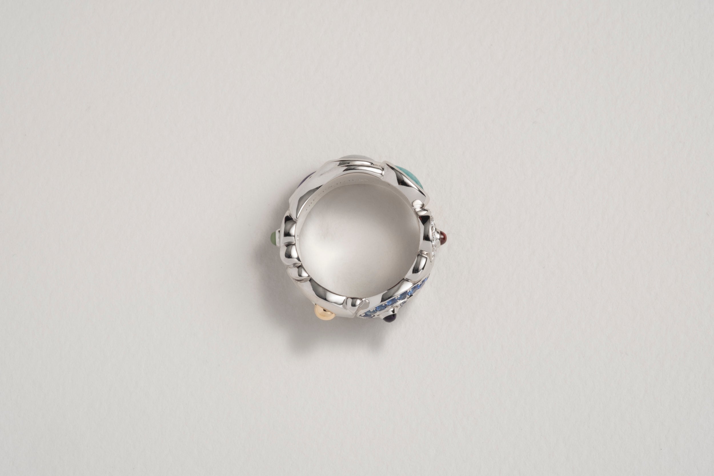 One-of-a-kind Platinum Ring with Gradient Sapphire and Diamond Pavé, Ice Jade, Sugilite and Amazonite Cabochons