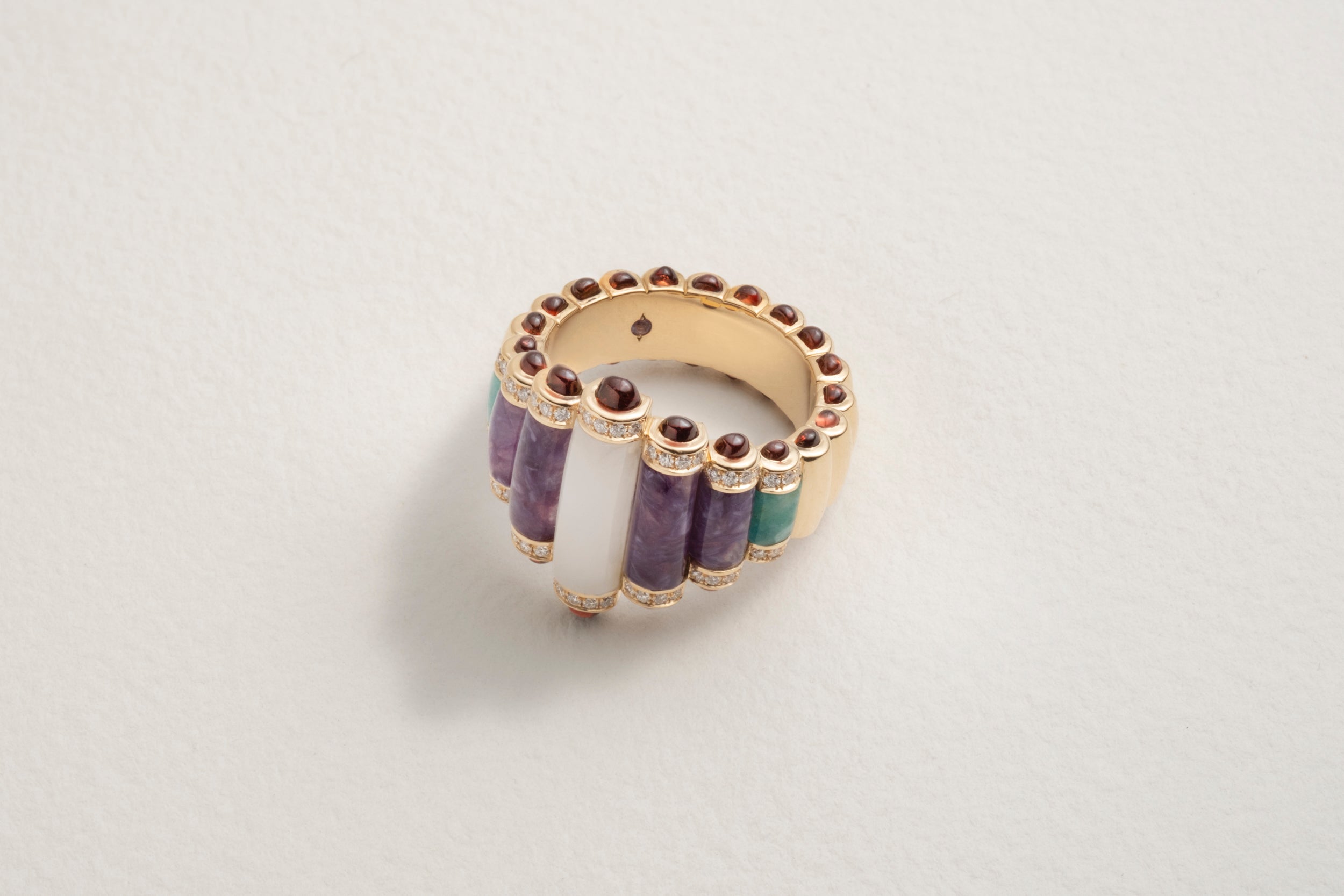One-of-a-kind Ice Jade Ring with Sugilite, Amazonite, Garnets and Diamond Pavé