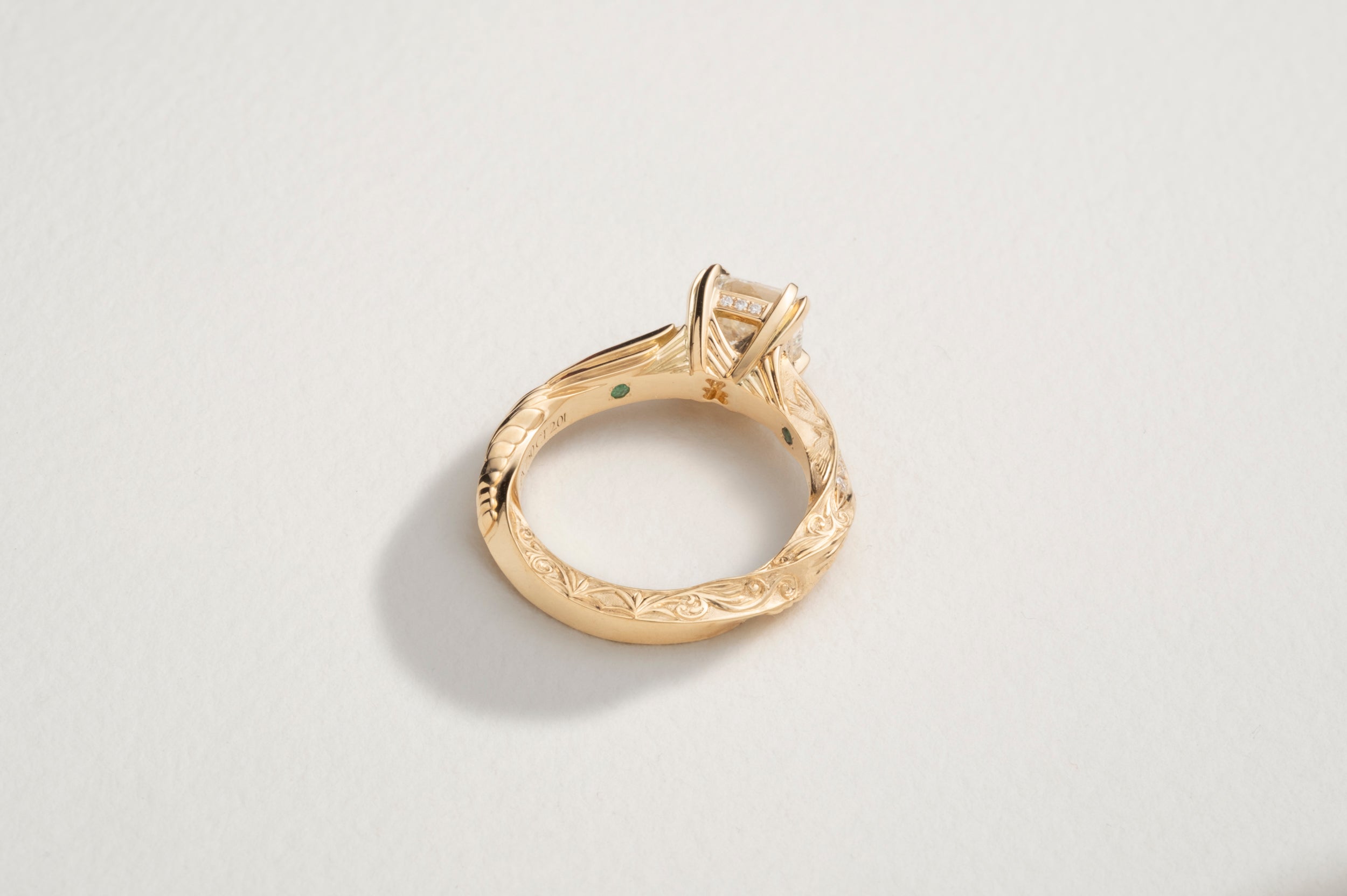 One-of-a-kind Cushion Diamond Ring with Hand-Engraving