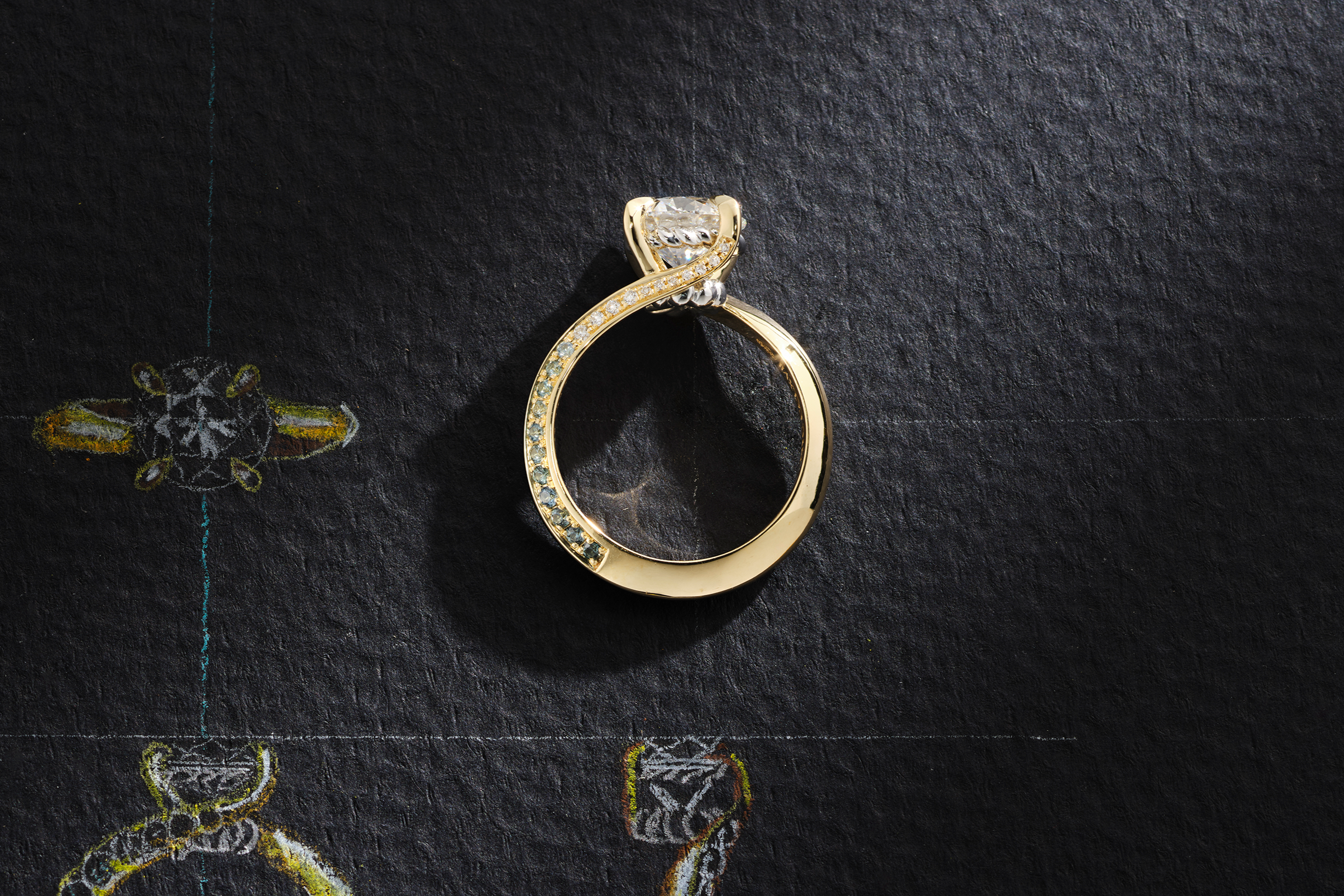 One-of-a-Kind Round Diamond Ring with Ombre Sapphire Pavé Detailing