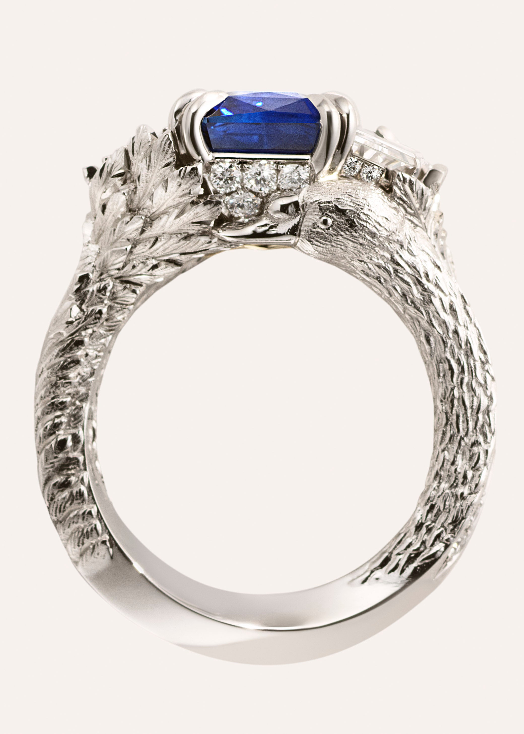 One-of-a-Kind Blue Sapphire Ring with Swan Detailing