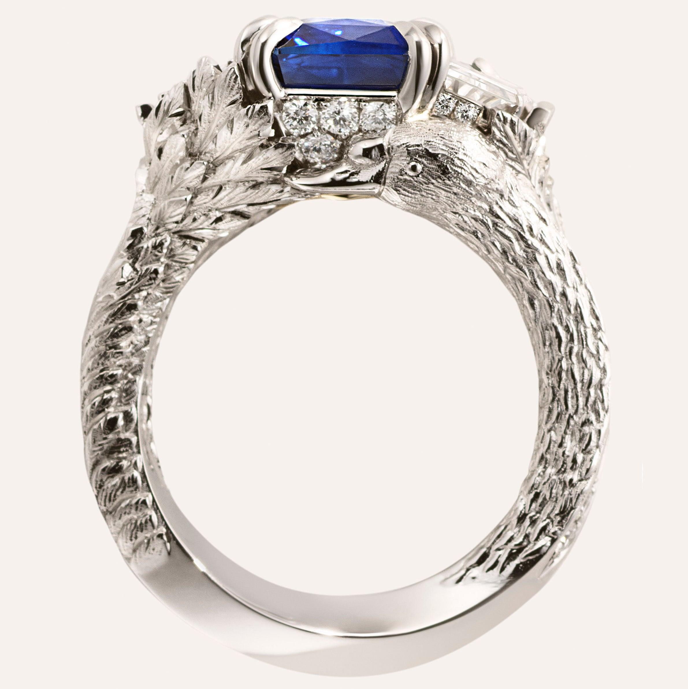 One-of-a-Kind Blue Sapphire Ring with Swan Detailing